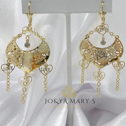 ER-0012 Aretes con Rosas, Corazones y Piedra Blanca colgando