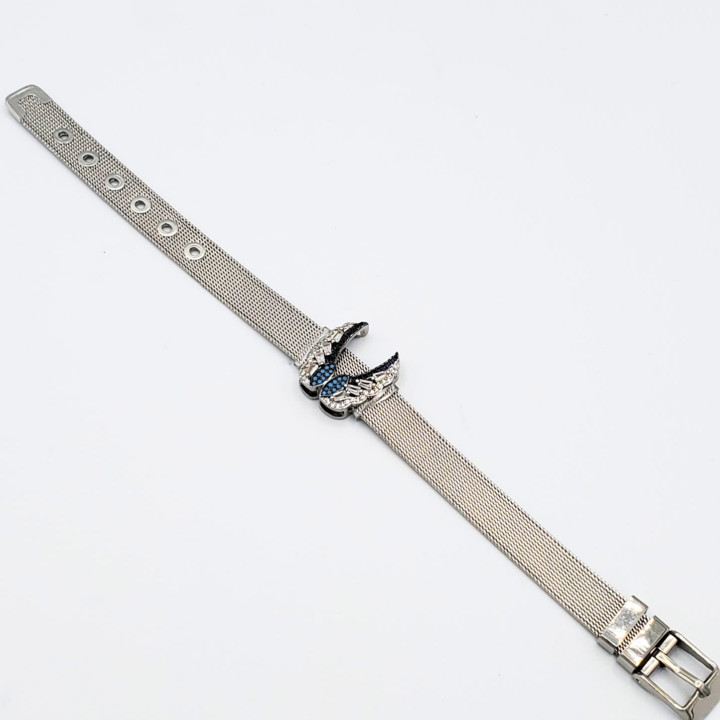 Brs-8 Brazalete/Pulsera Alas de Angel con Piedras Azules y Blancas 8"