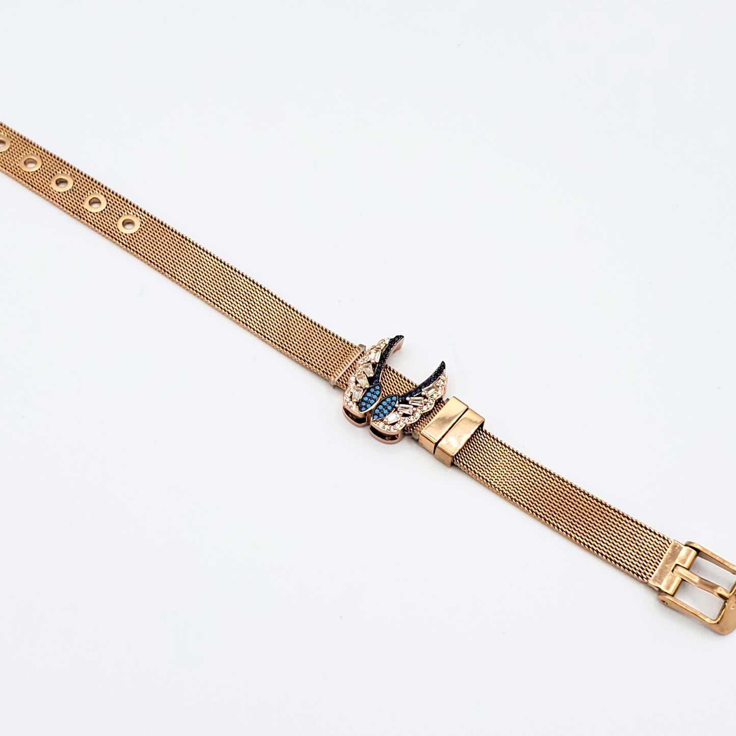Brs-9 Brazalete/Pulsera Alas de Ángel con Piedras Azul y Oro Rosa 8"