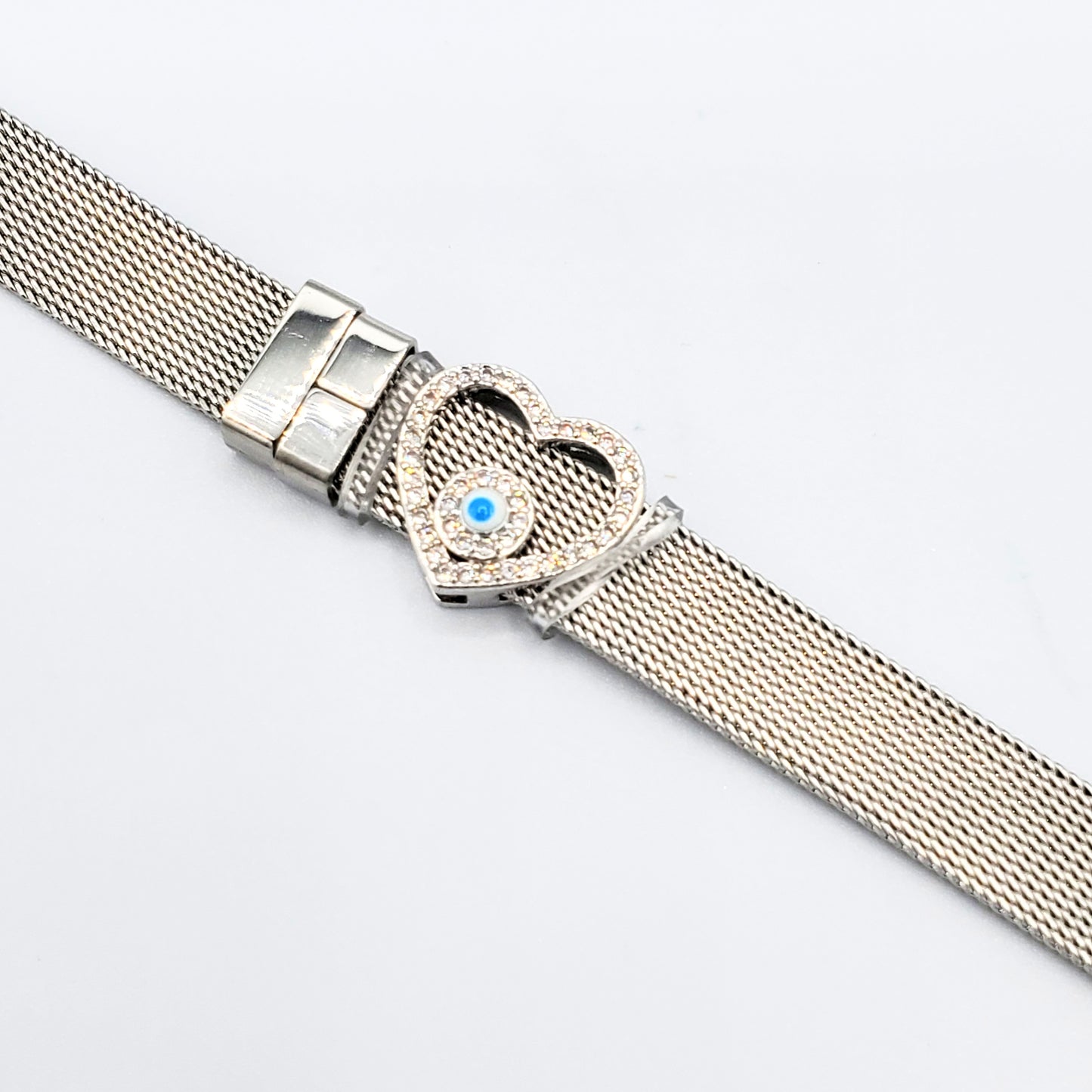 Brs-5 Bracelet/Pulsera Heart with Evil Eye and White Stones 8"