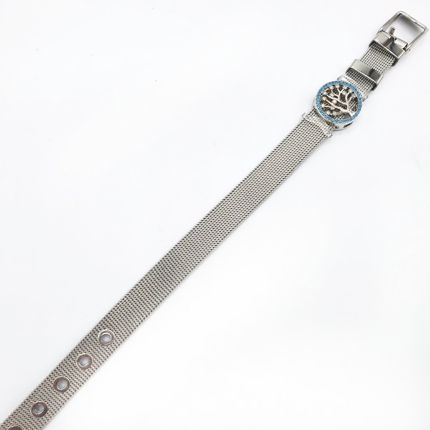 BRS-17 Brazalete/Pulsera Árbol de Acero Inoxidable con Piedras Azules 8"