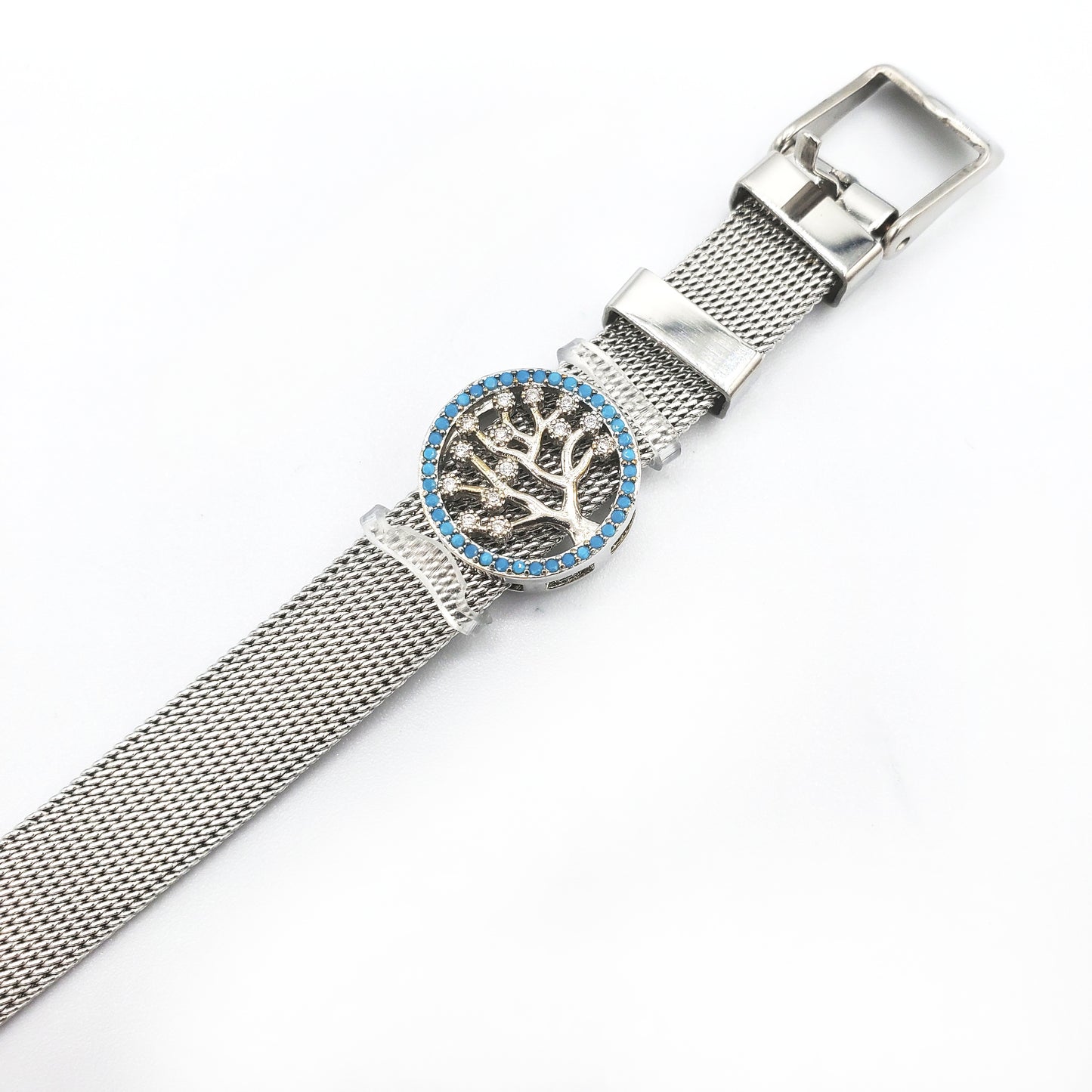 BRS-17 Brazalete/Pulsera Árbol de Acero Inoxidable con Piedras Azules 8"