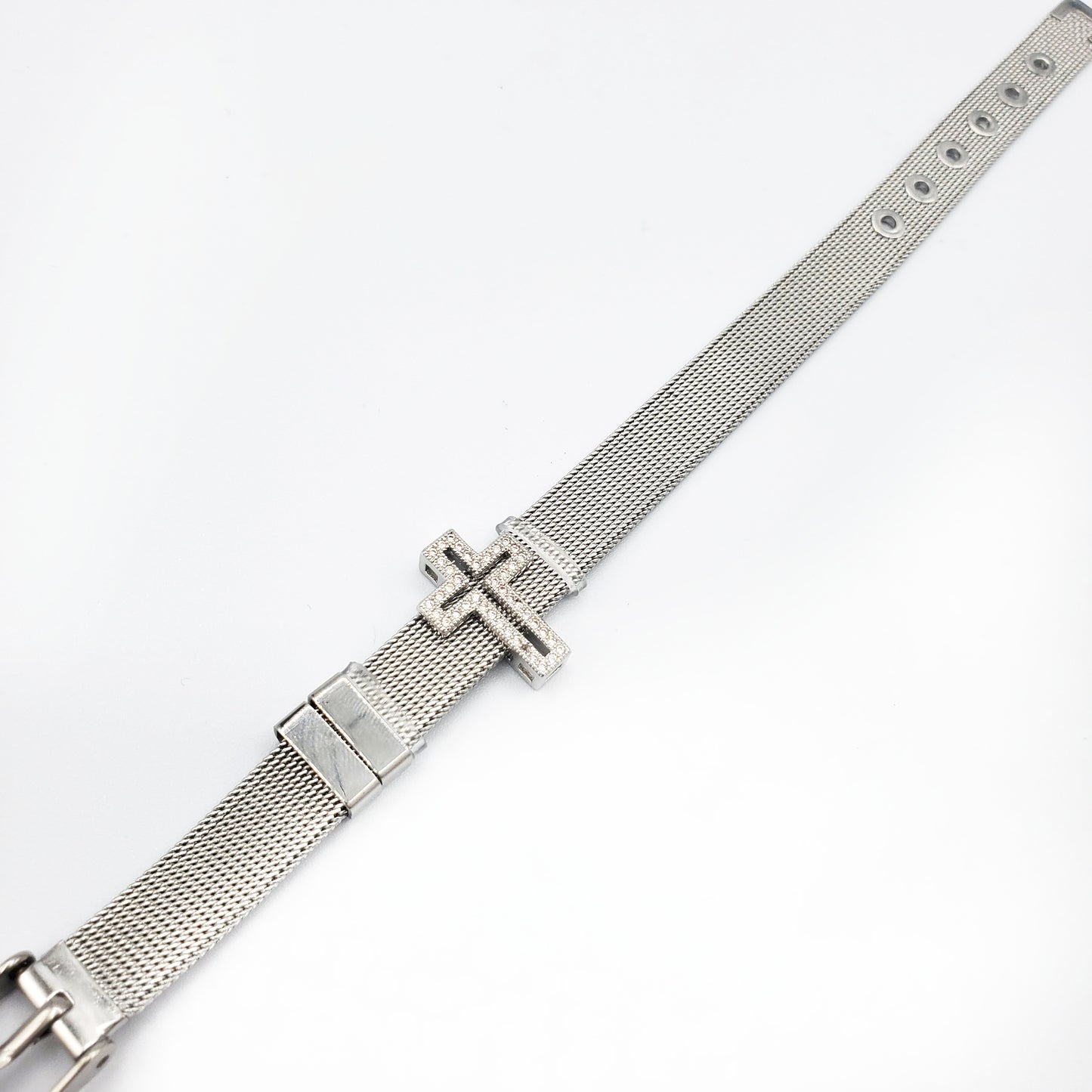 BRS-24 Brazalete/Pulsera Cruz de Acero Inoxidable con Piedras Blancas