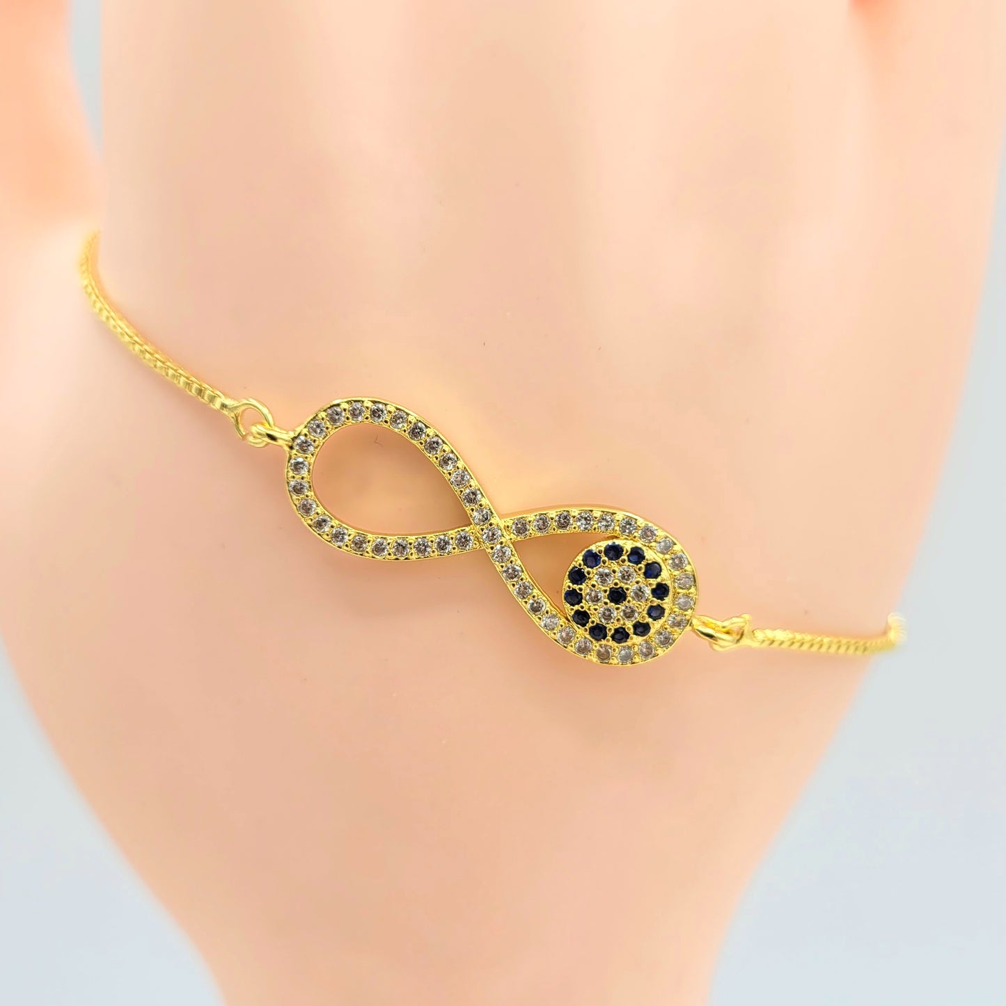 BA-97 Pulsera Ajustable Signo Infinito con Piedras Blancas y Negras/Pulsera Ajustable Símbolo de infinito con Piedra Blanca y Negro 18k