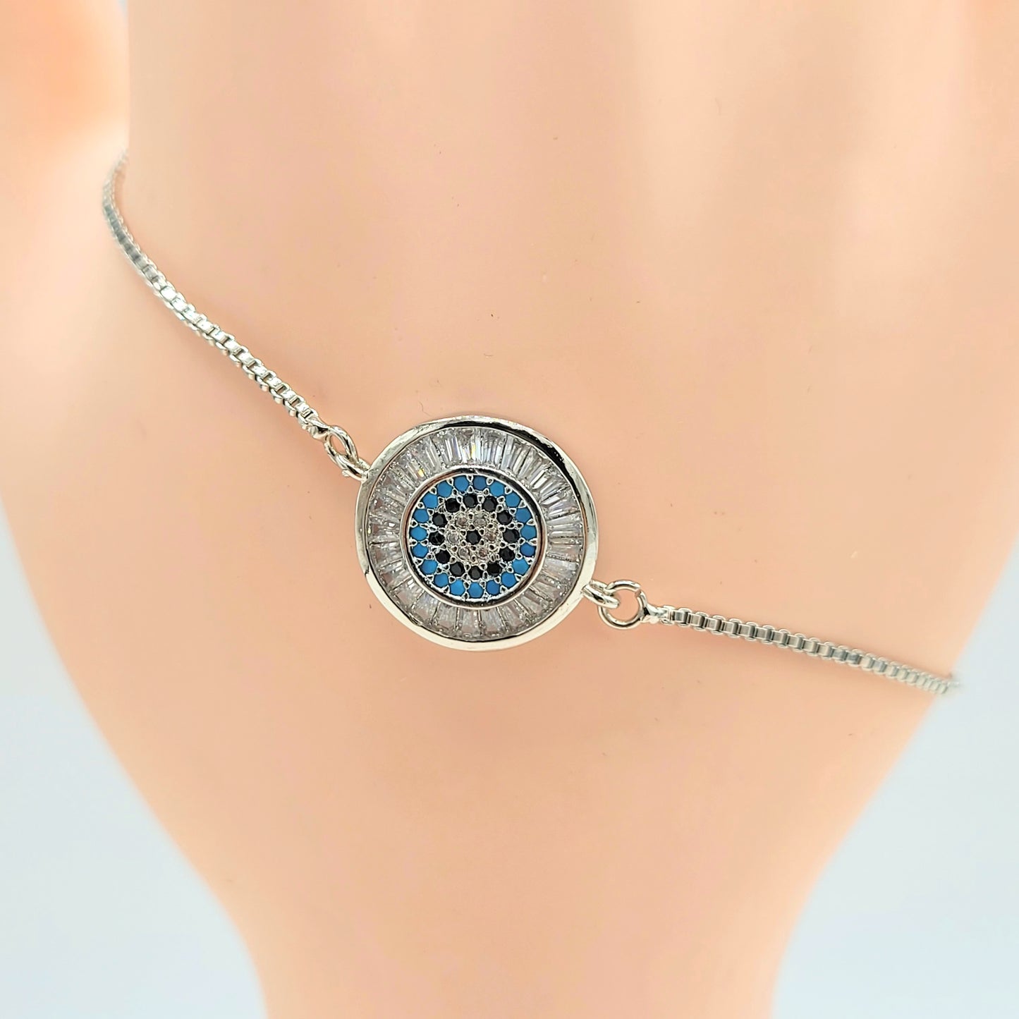 BA-99 Pulsera Ajustable Piedra Azul y Negra Evil Eye/Pulsera Ajustable Piedra Azul y Negro Ojo Turco Platinado
