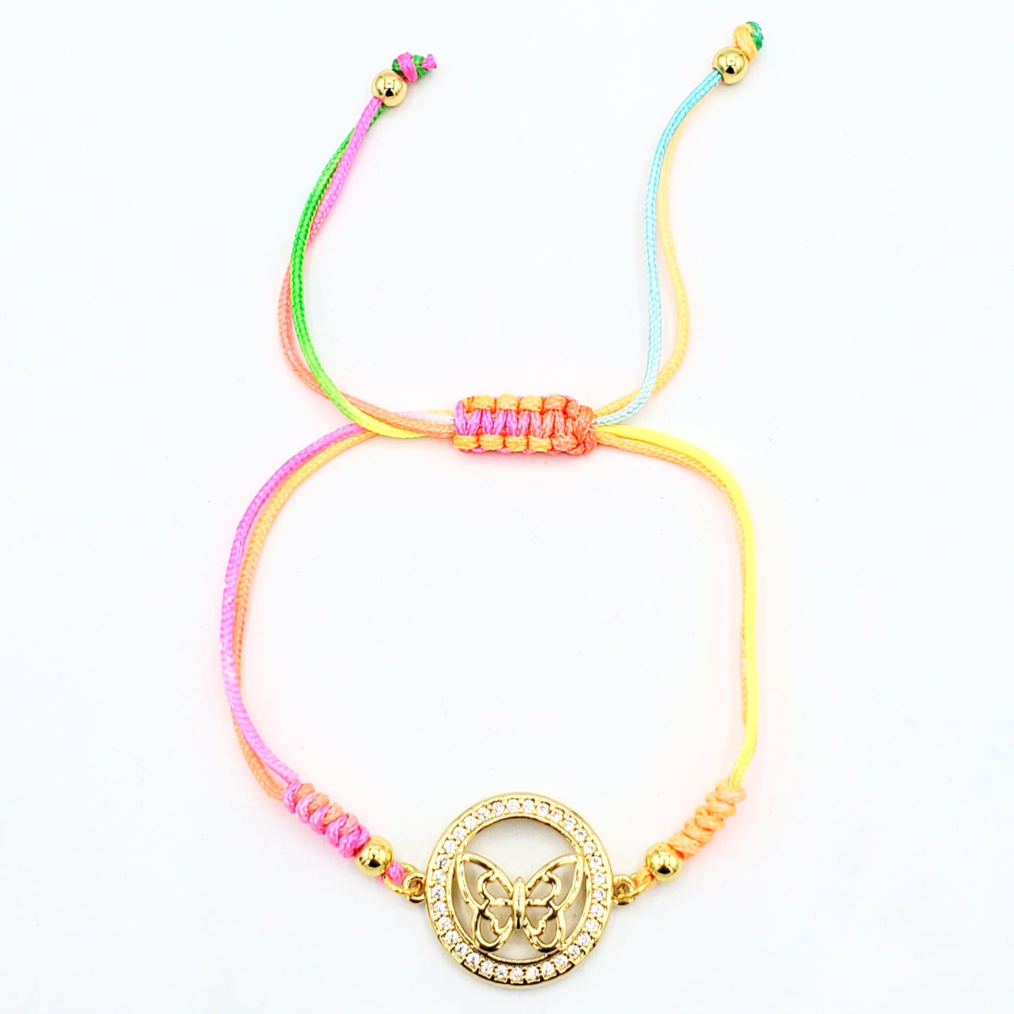 BA-176 Bracelet Multicolored String Mixed Colors Adjustable Butterfly White Stone/Multicolor Pulsera Color Mixta Ajustable Mariposa con pierda Blanca