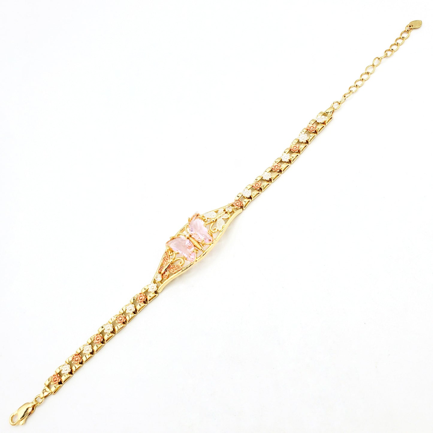 BR-245 Pulsera/Pulsera con Mariposa Rosa y Flor 3 tonos 1pc paquete 8"-10"