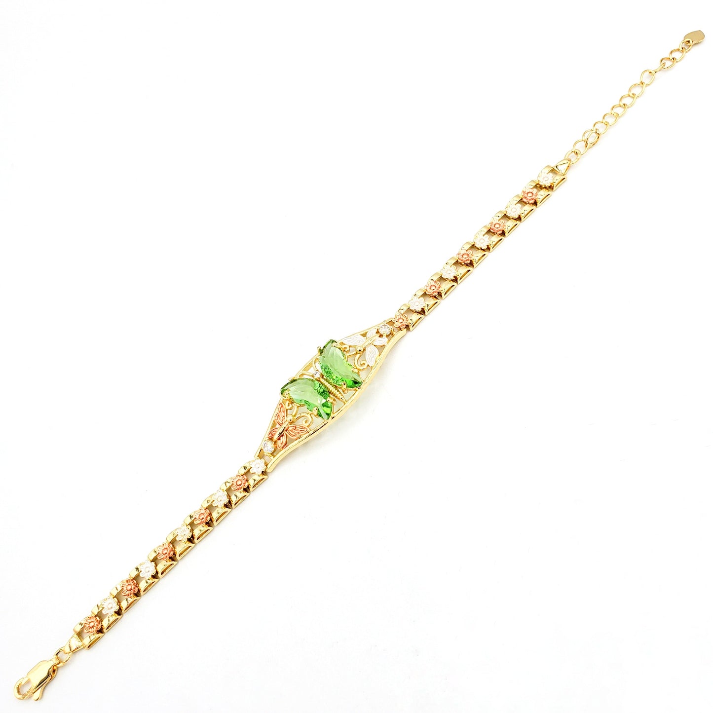 BR-244 Bracelet/Pulsera con Mariposa Verde Lima y Flor 3 tonos 1pc paquete 8"-10"