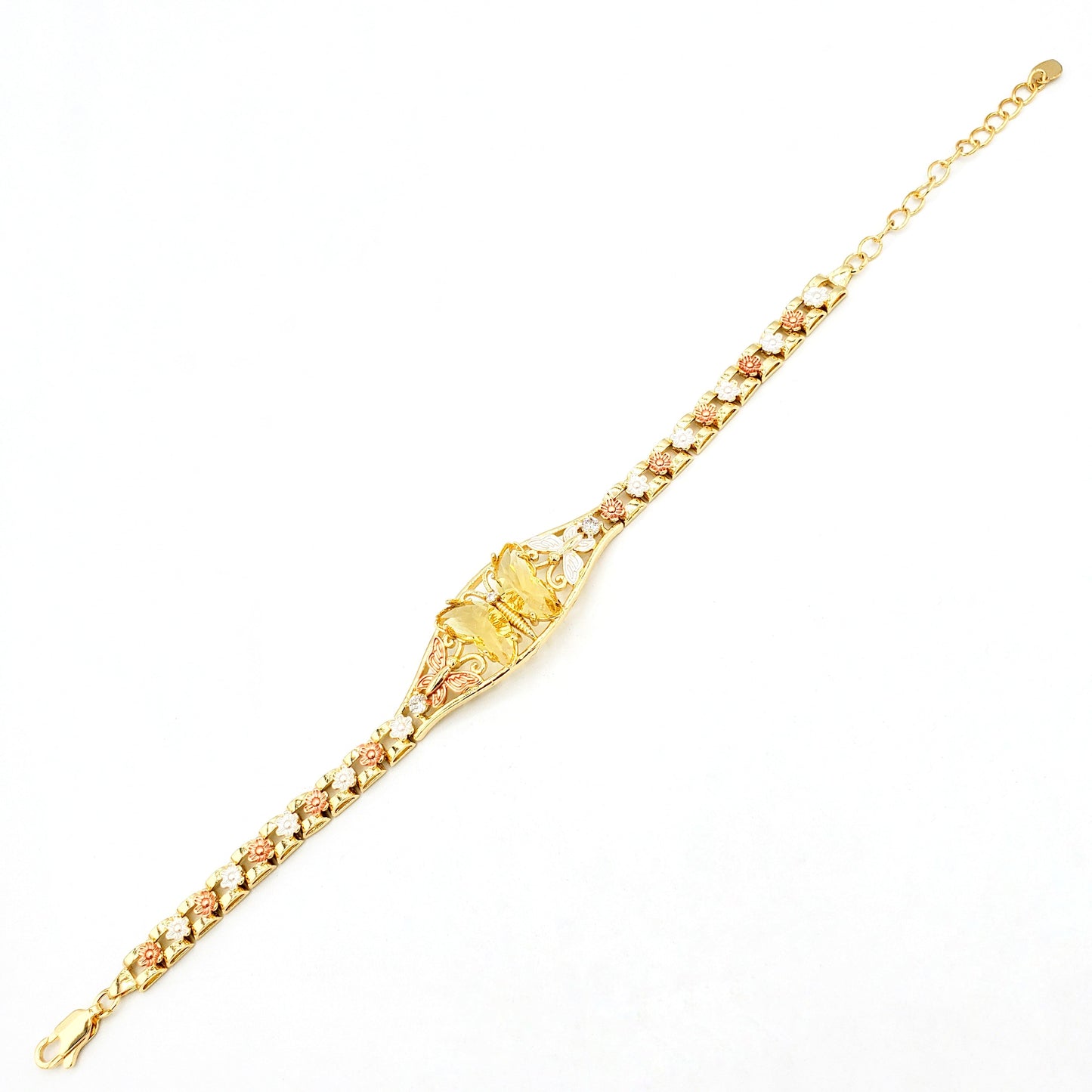 BR-242 Bracelet/Pulsera con Mariposa Amarillo y Flor 3 tonos 1pc paquete 8"-10"