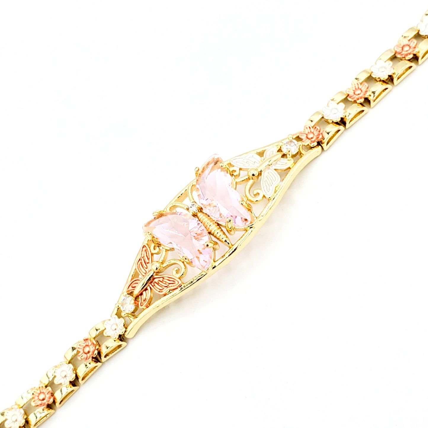 BR-245 Pulsera/Pulsera con Mariposa Rosa y Flor 3 tonos 1pc paquete 8"-10"