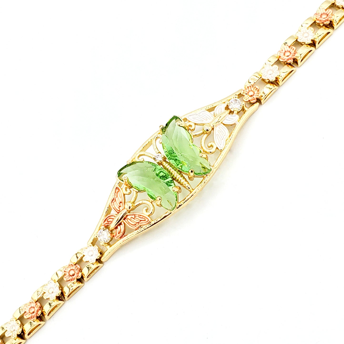 BR-244 Bracelet/Pulsera con Mariposa Verde Lima y Flor 3 tonos 1pc paquete 8"-10"