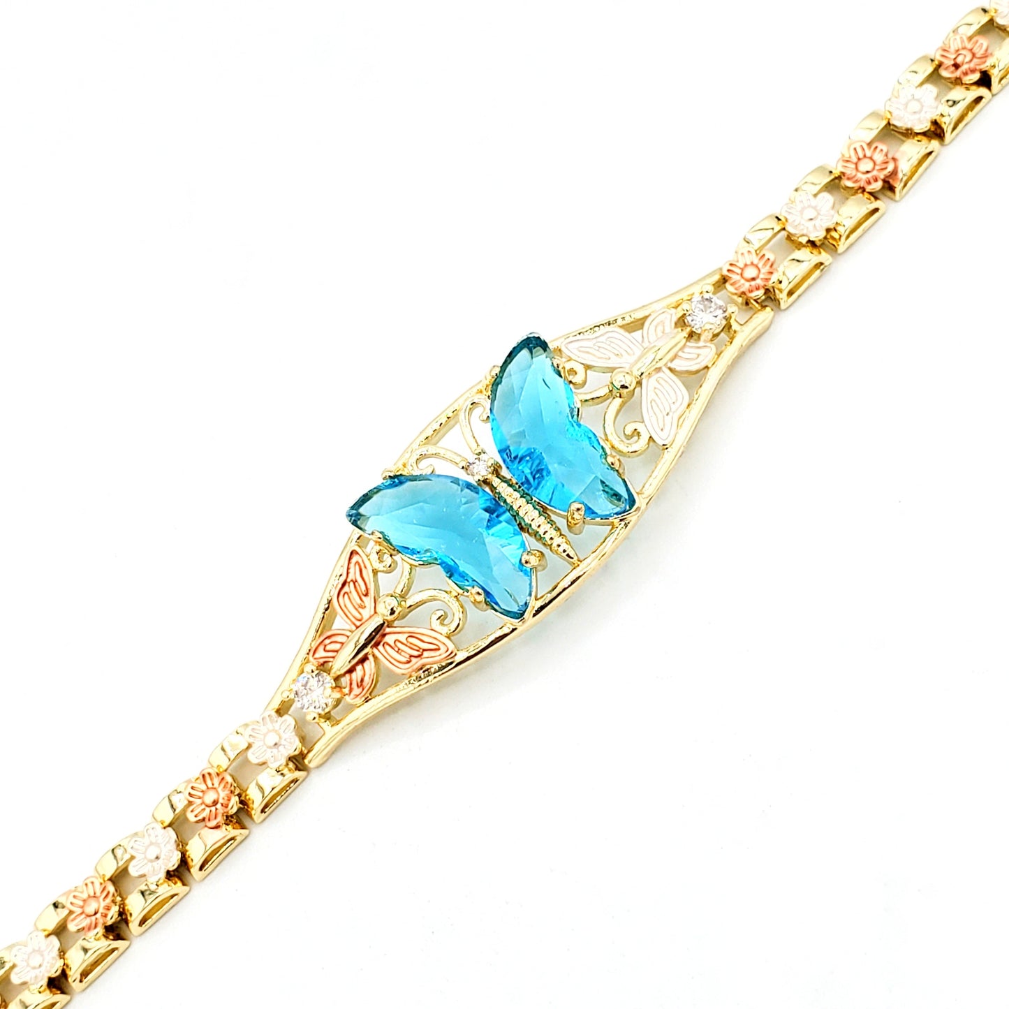 BR- 237 Pulsera/Pulsera con Mariposa Turquesa y Flor 3 tonos 1pcs 8"-10"