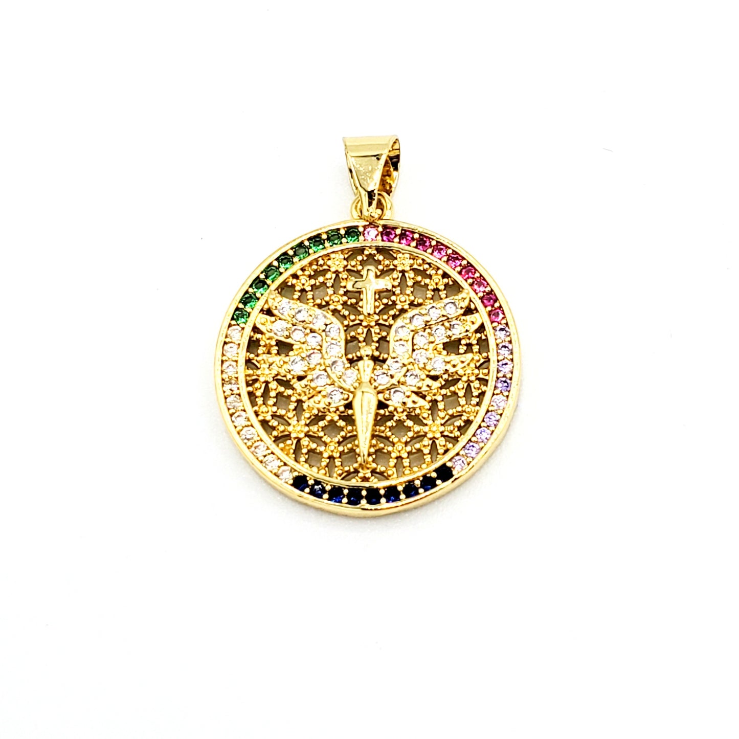 PN-990 Colgante Ángel con Piedra Multicolor con Cruz 2cm Incluye Cadena Mixta 18"-20"