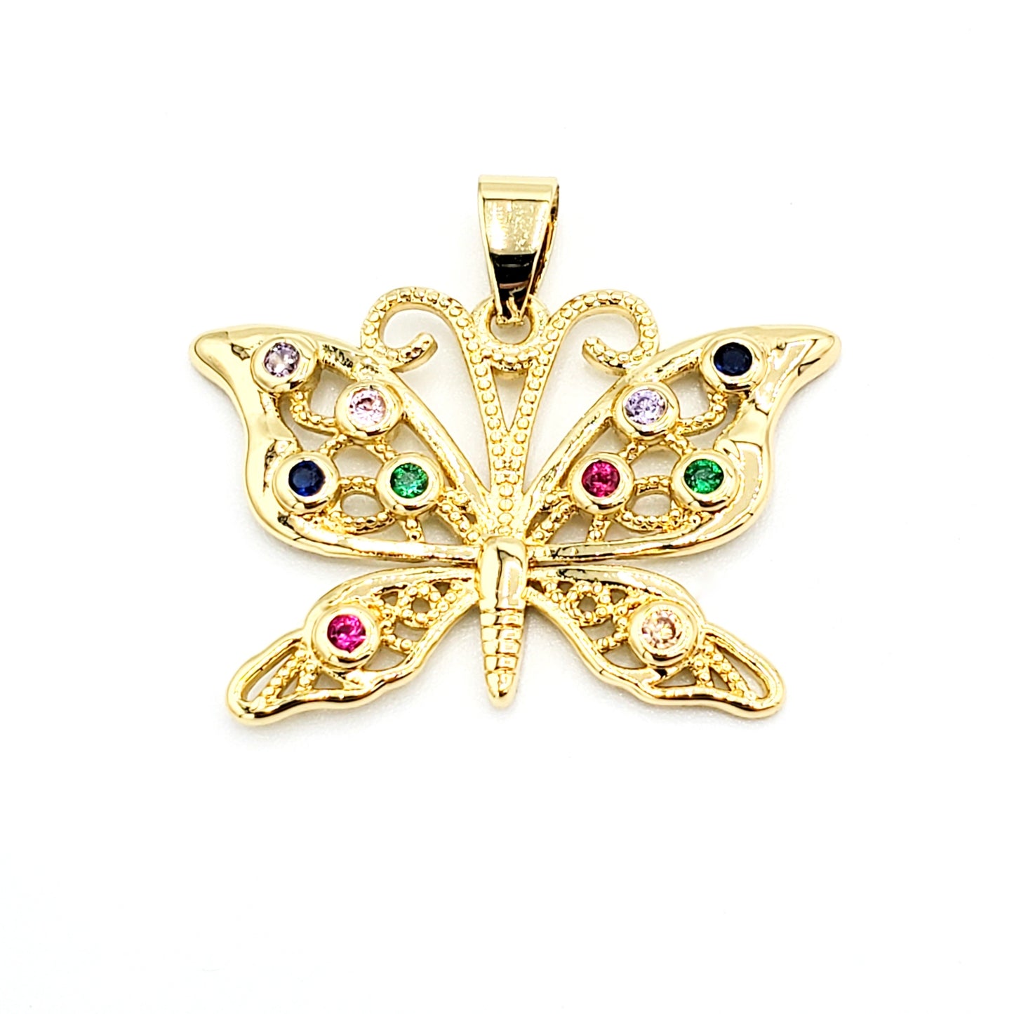 PN-981 Dije Mariposa con Piedra Multicolor 3cm Incluye Cadena Mixta 18"-20"