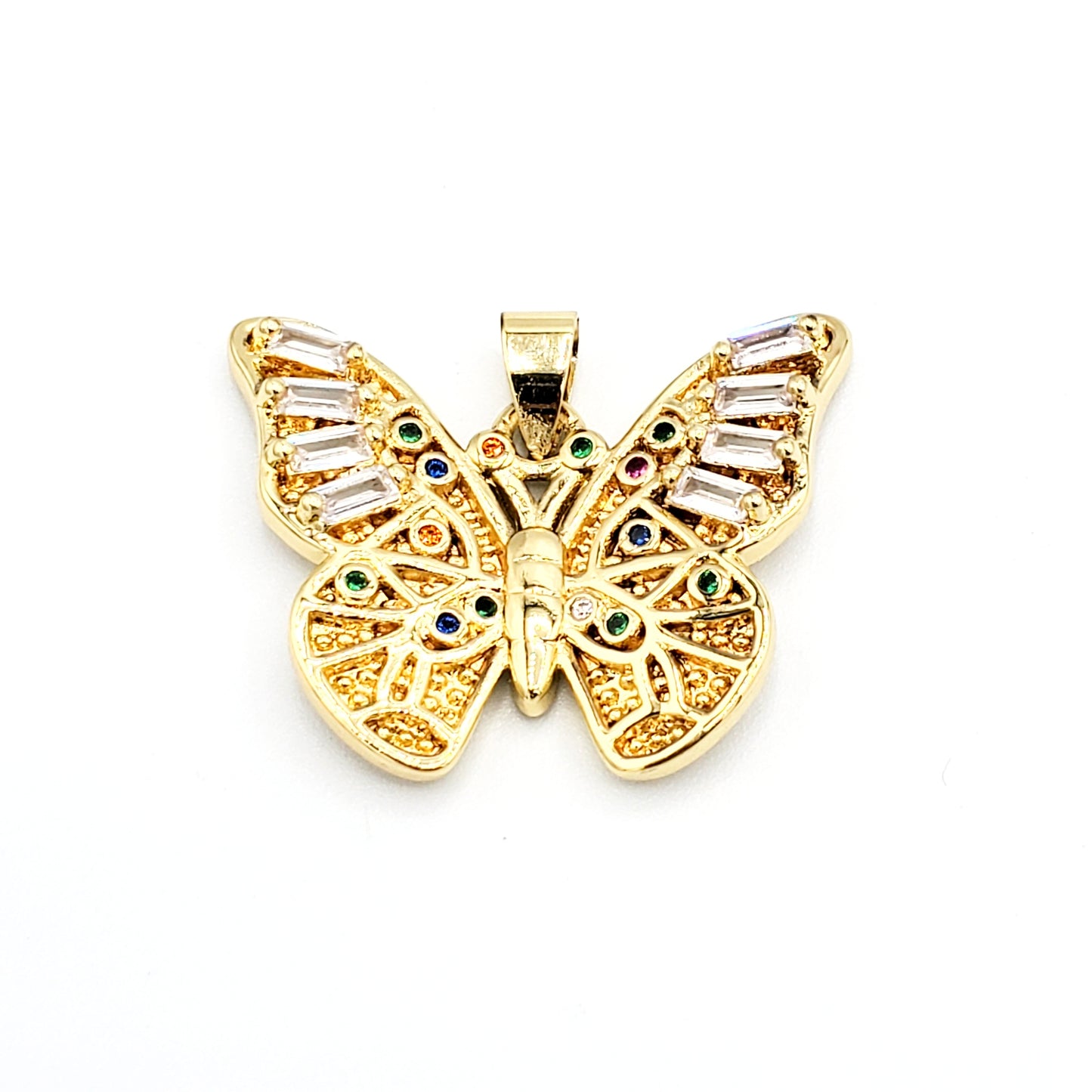 PN-978 Dije Mariposa con Piedra Blanca y Multicolor 3cm Incluye Cadena Mixta 18"-20"
