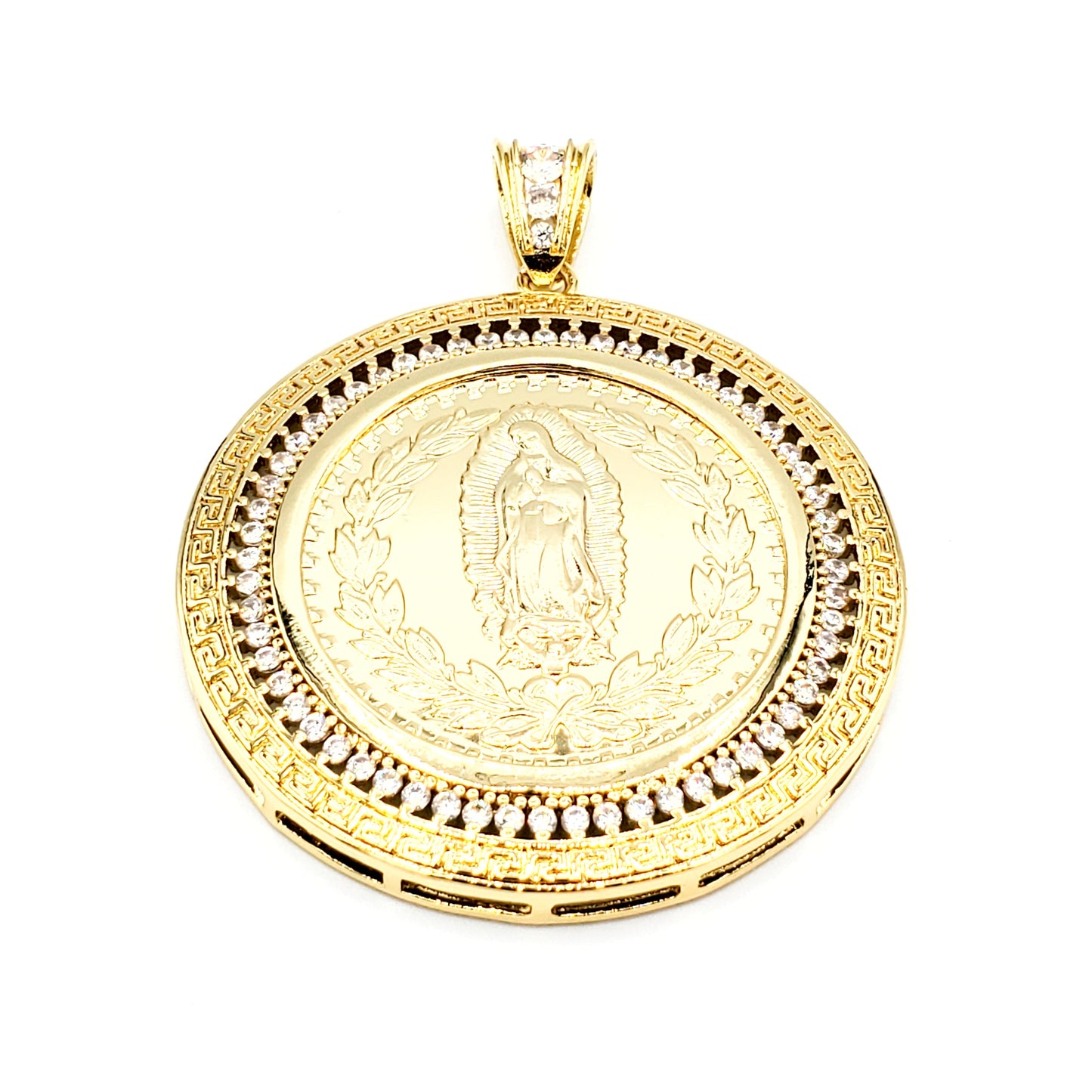 PN-070 Colgante Virgen Maria con Piedra Blanca 50mm x 50mm Incluye Cadena Torsal 18”-22” mixto