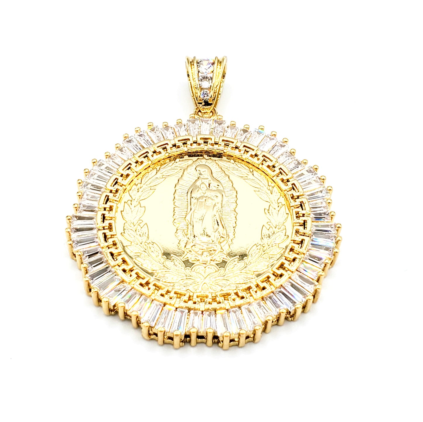 PN-071 Colgante Virgen Maria con Piedra Blanca 50mm x 50mm Incluye Cadena Torsal 18”-22” mixto