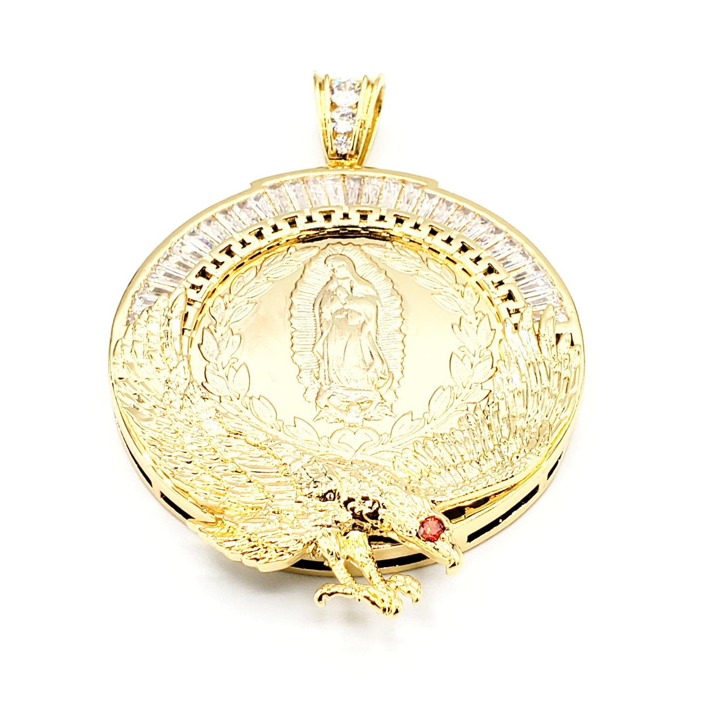 PN-074 Colgante Virgen María con Piedra Blanca 50mn x 50mm Incluye Cadena Torsal 18”-22” mixto