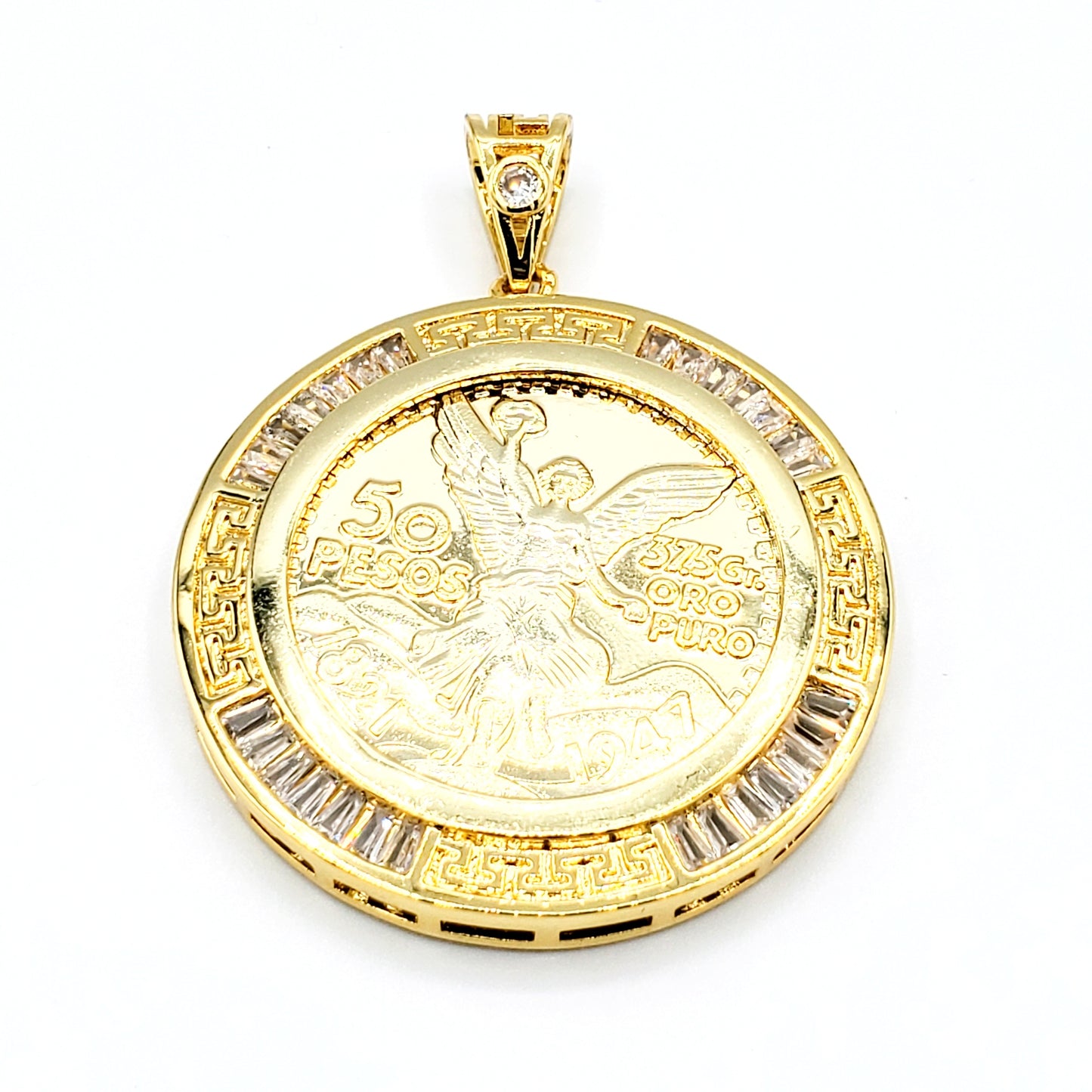PN-075 Colgante 50 pesos con Piedra Blanca 50mm x 50mm Incluye Cadena Torsal 18”-22” mixto