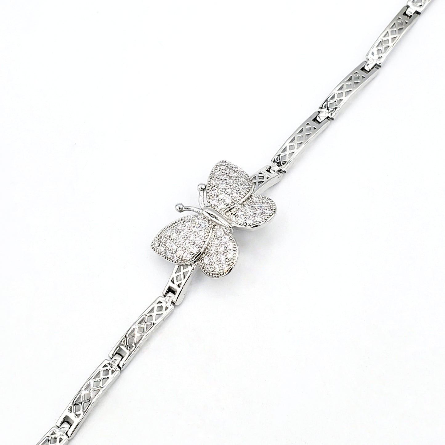 BR-205 Brazalete/Pulsera plata con Mariposa Piedra Blanca 7.5"