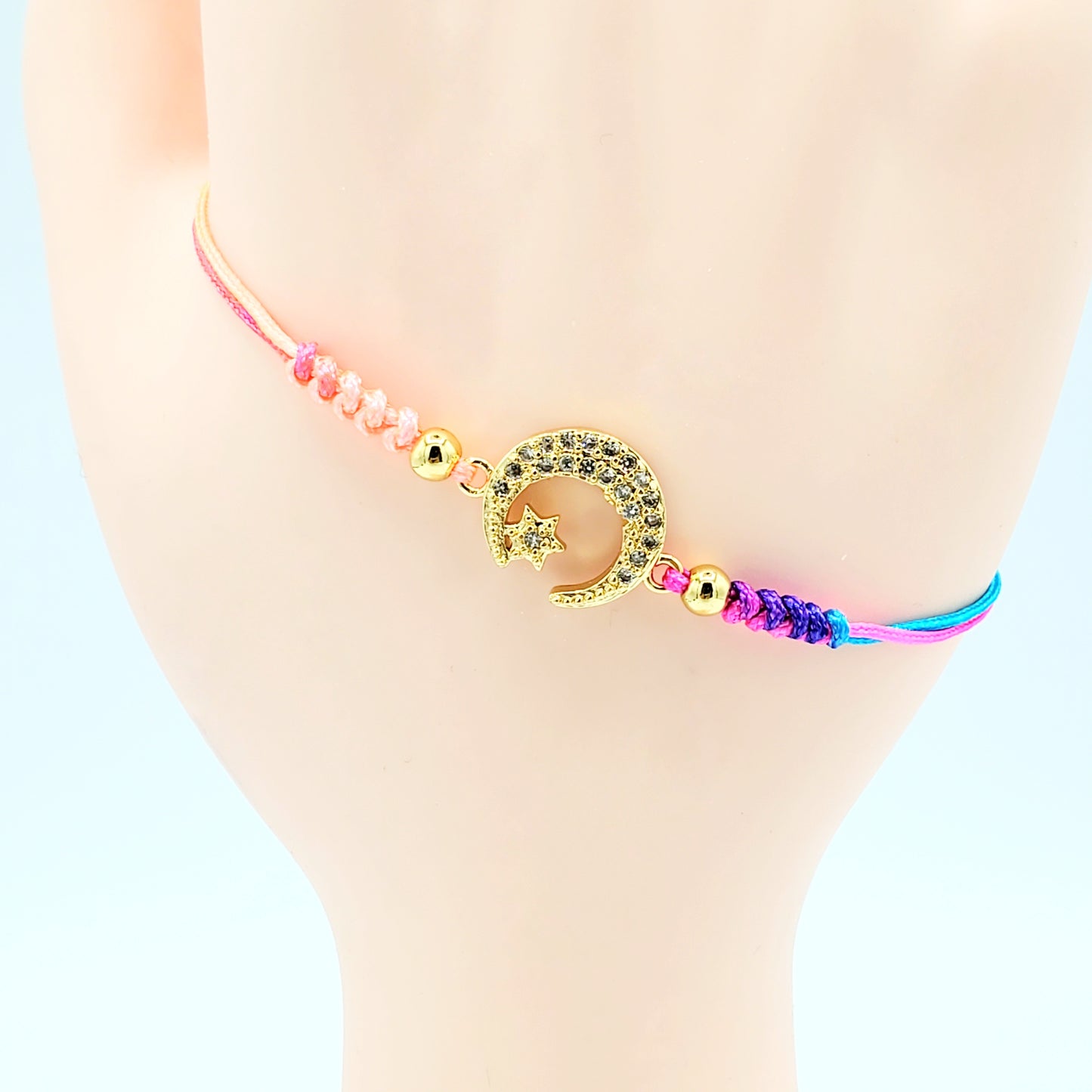 BA-188 Brazalete/Pulsera Ajustable Hilo Multicolor Luna con Piedra Blanca 4"