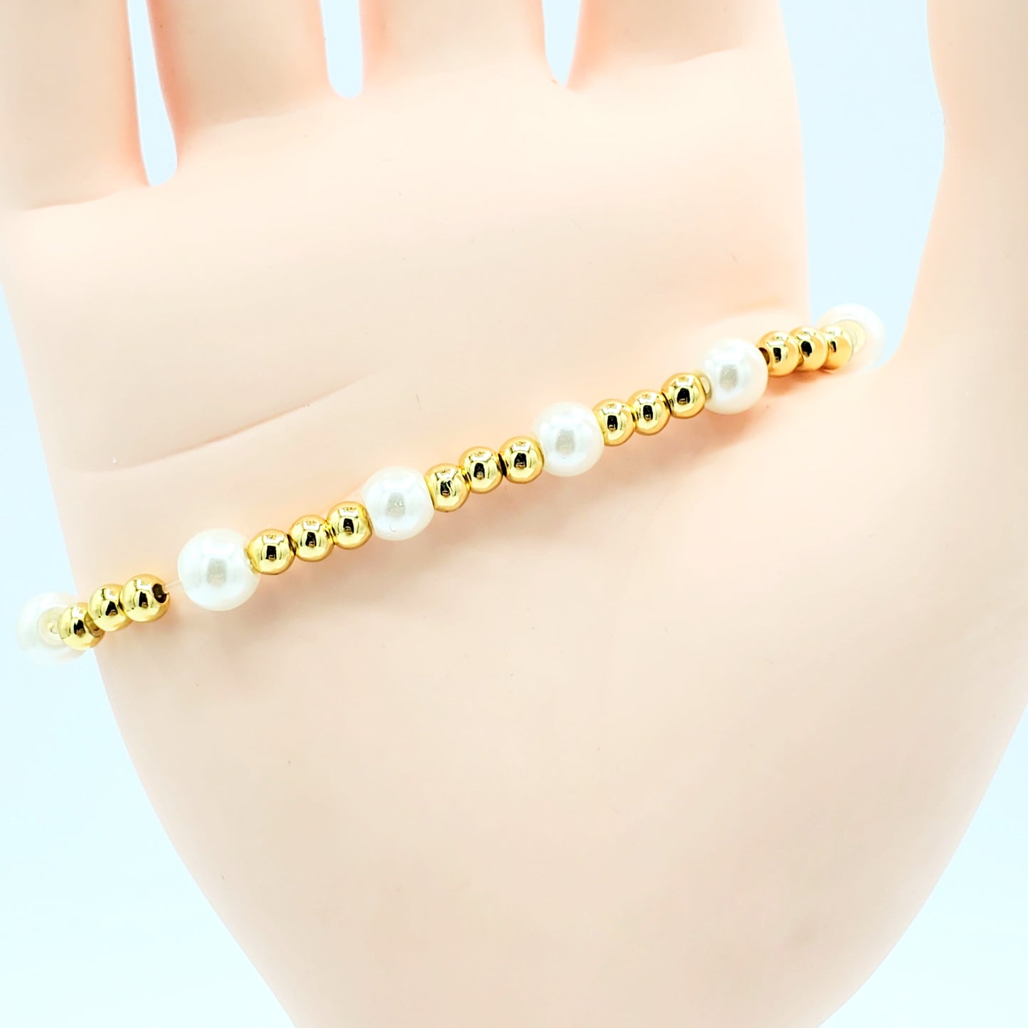 BA-201 Brazalete/Pulsera Ajustable Ojo Turco Blanca con Perla Blanca 3"