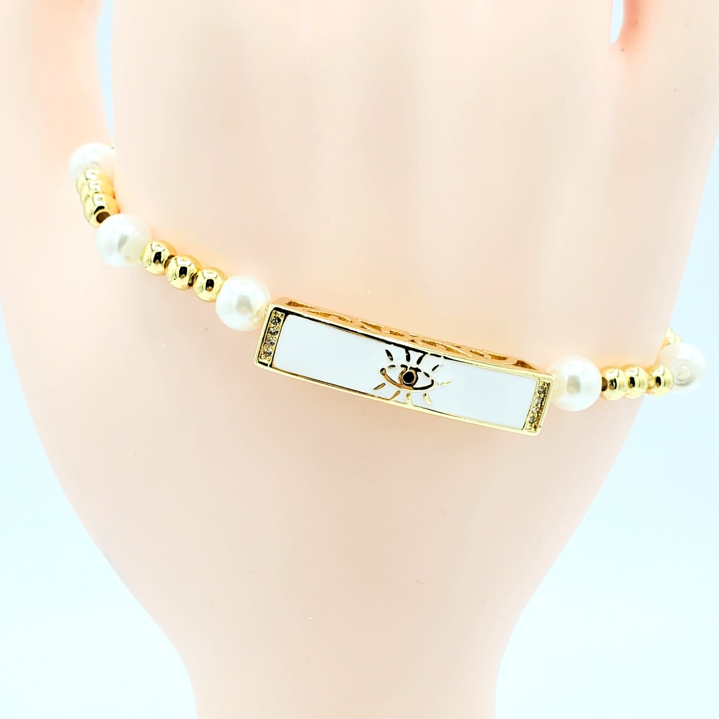 BA-201 Brazalete/Pulsera Ajustable Ojo Turco Blanca con Perla Blanca 3"