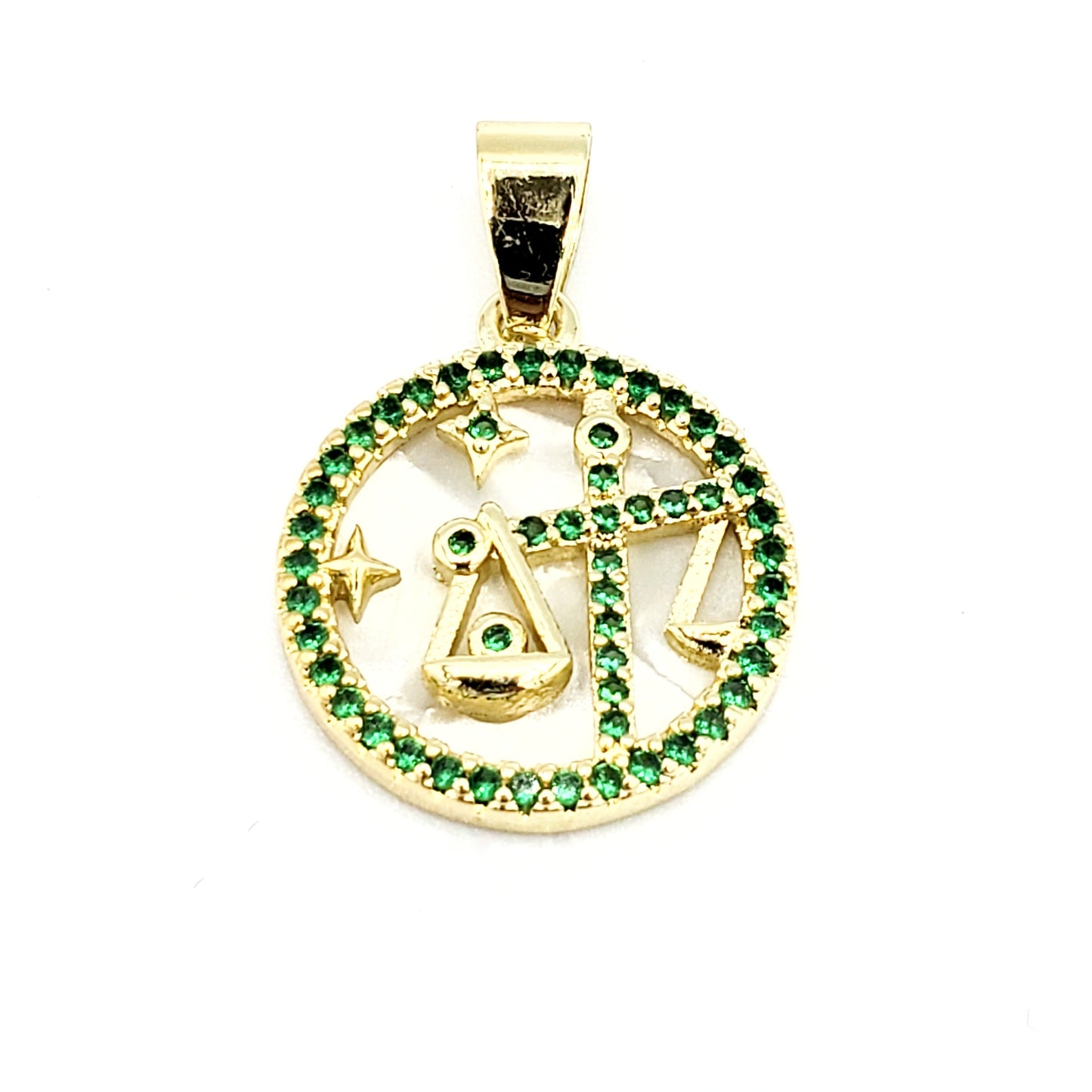 PN-0167 Dije Símbolos del Zodíaco Libra Piedra Zirconia Verde 0.50" Incluye Cadena Mixta 18"-20"