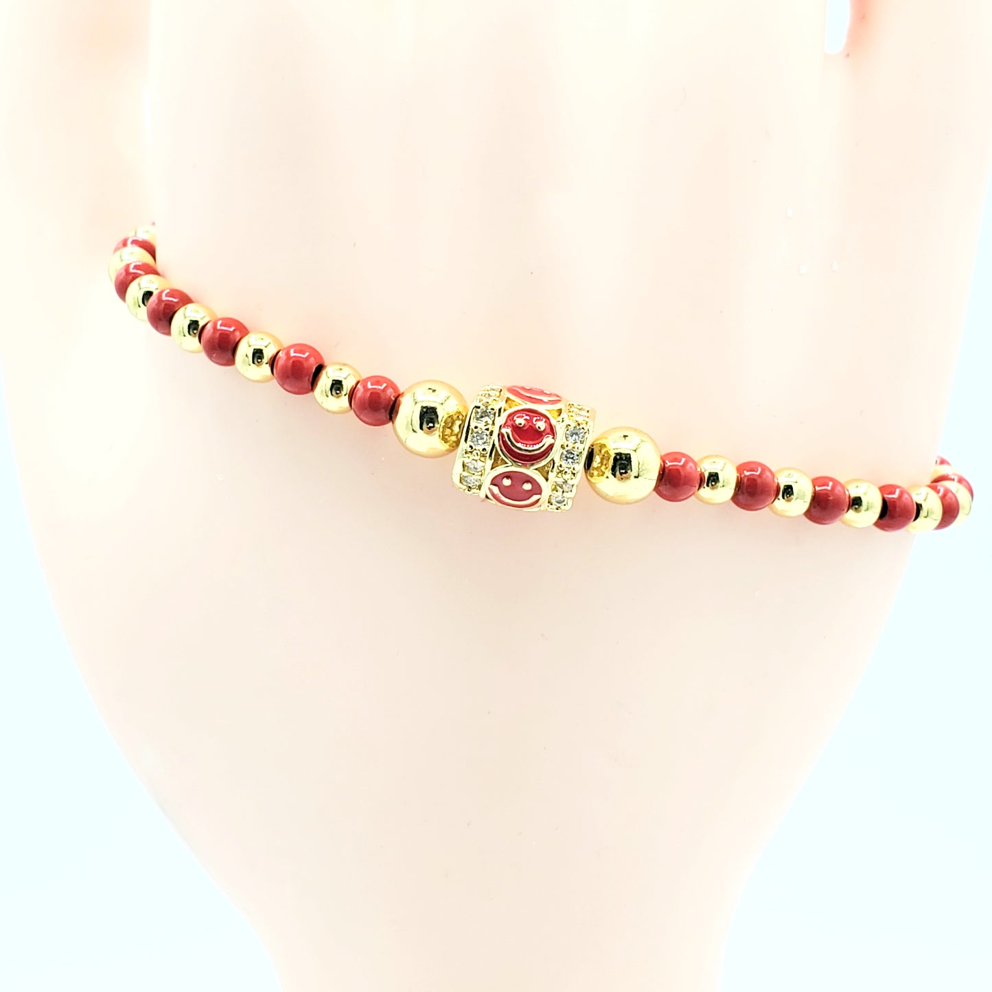 BA-212 Brazalete Elástico Elástico con Cuentas/Pulsera Elástica Cara Sonriente Rojo Zirconia Blanca 3"