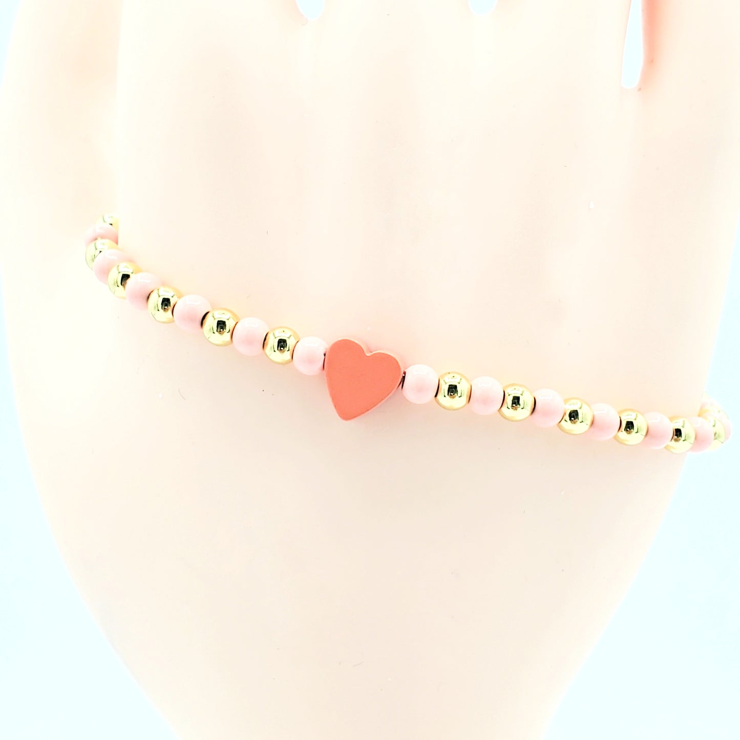 BA-211 Pulsera Elástica con Cuentas/Pulsera Elástica con Corazón Rosa clara 3"