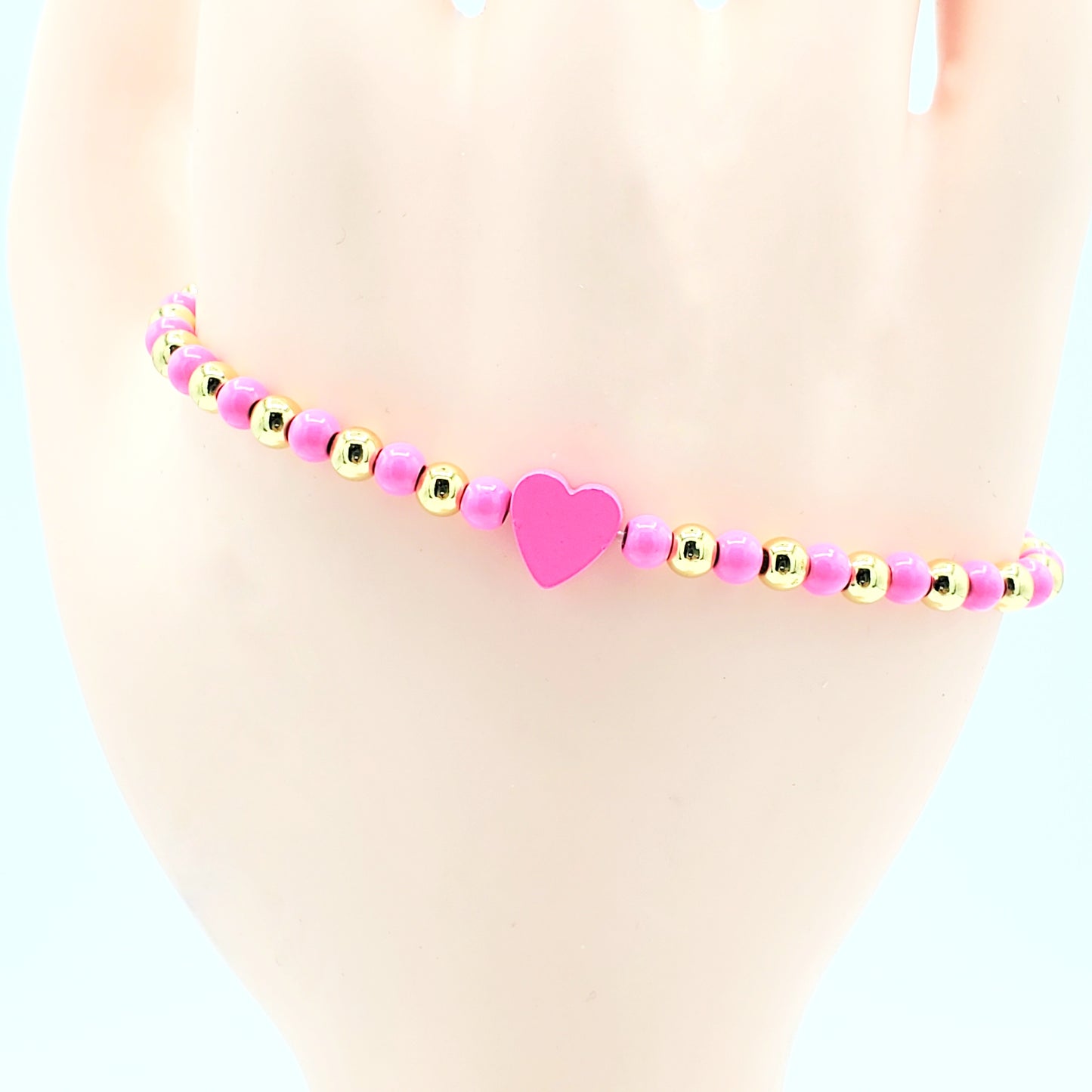 BA-213 Pulsera Elástica Elástica con Cuentas/Pulsea Elàstica con Corazón Rosa Brillante 3"