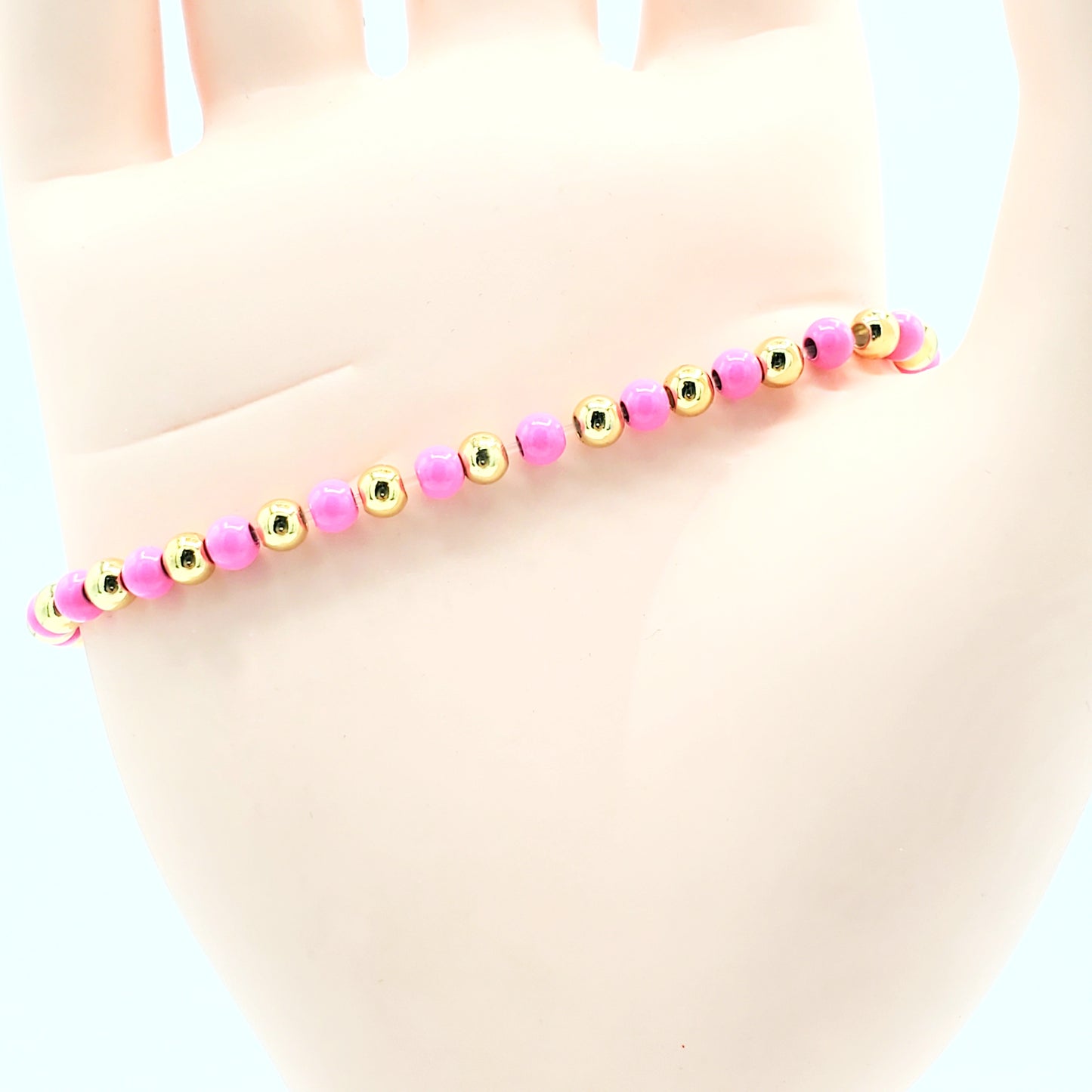 BA-213 Pulsera Elástica Elástica con Cuentas/Pulsea Elàstica con Corazón Rosa Brillante 3"