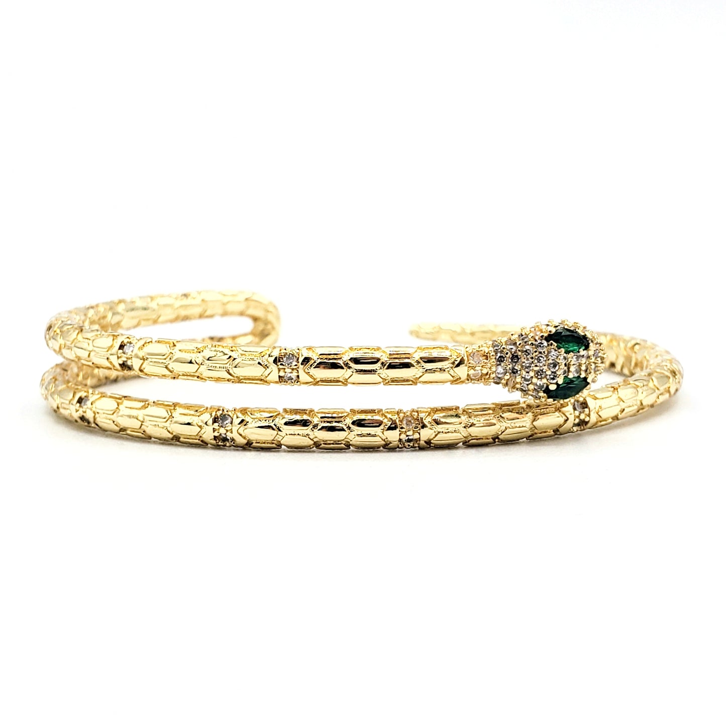 BR-215 Brazalete/Pulsera Ajustable Zirconia Blanca y Verde Serpiente 18k