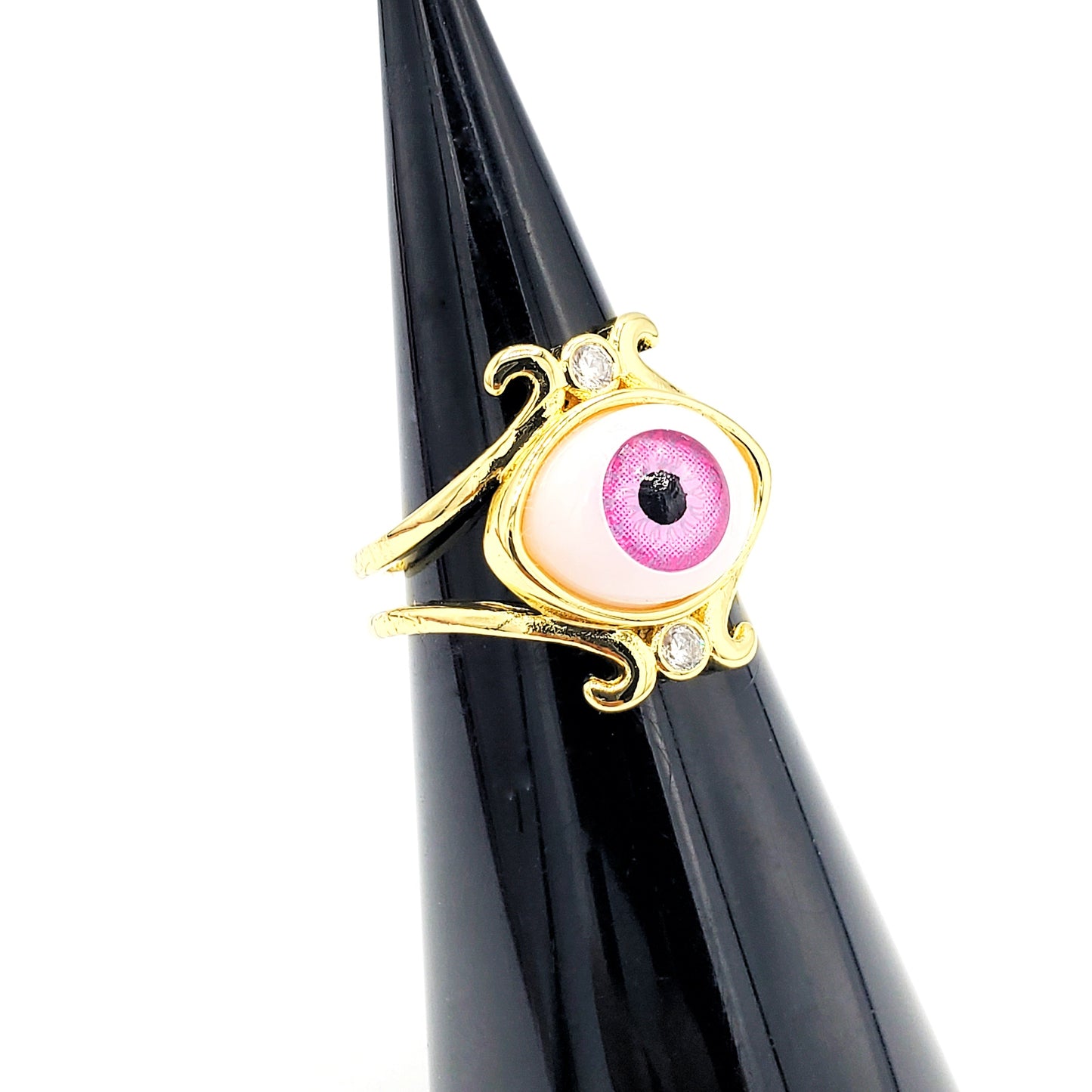 WR-253 Women's Ring/Anillo de Mujer Ojo Turco Rosa Morado Zirconia Blanca Ajustable 0.75"