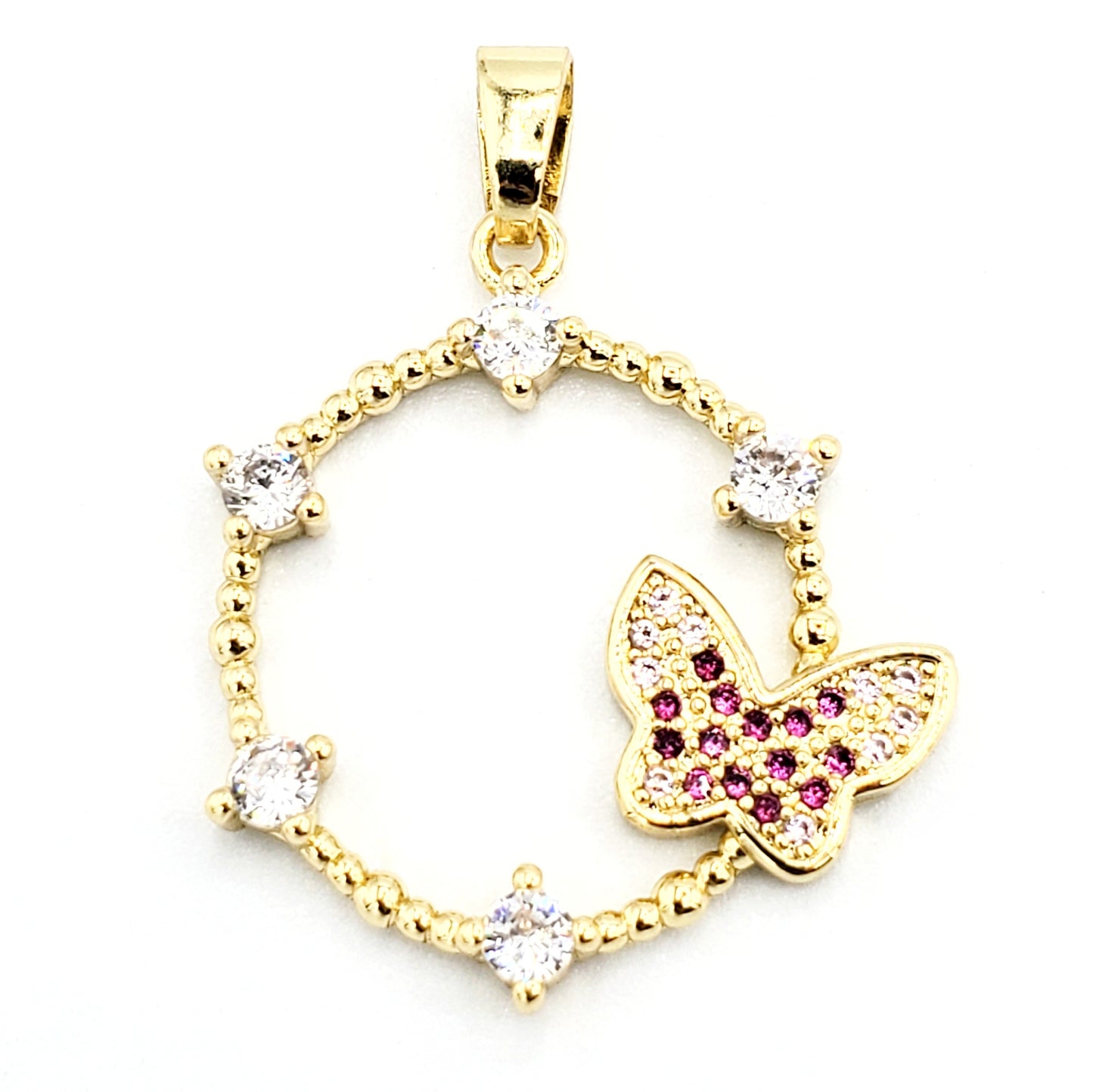 PN-0325 Dije Mariposa Zirconia Blanca y Rosa 1.25" Incluye Cadena Mixta 18"-20"
