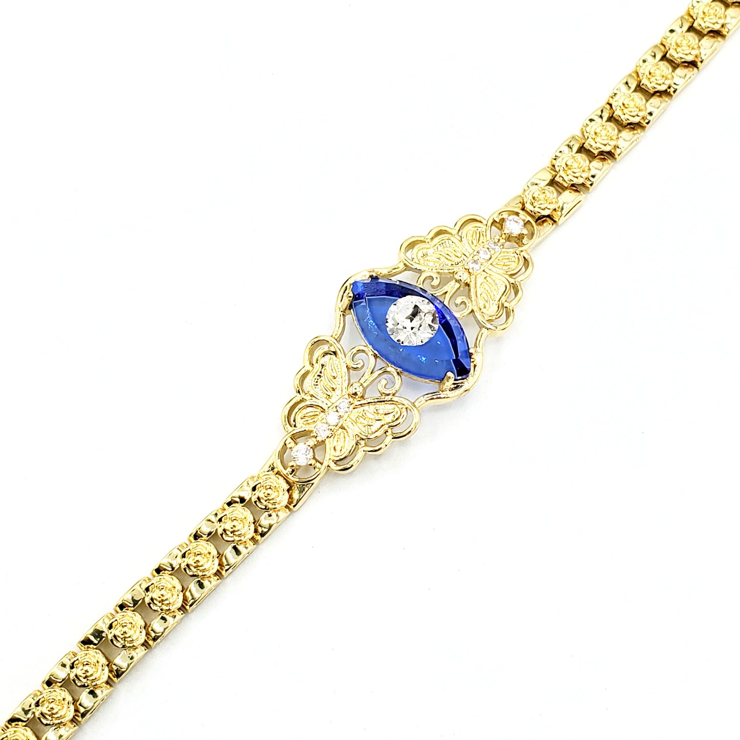 BR-282 Brazalete/Pulsera Ojo Turco Azul y Blanca con Mariposa 9"