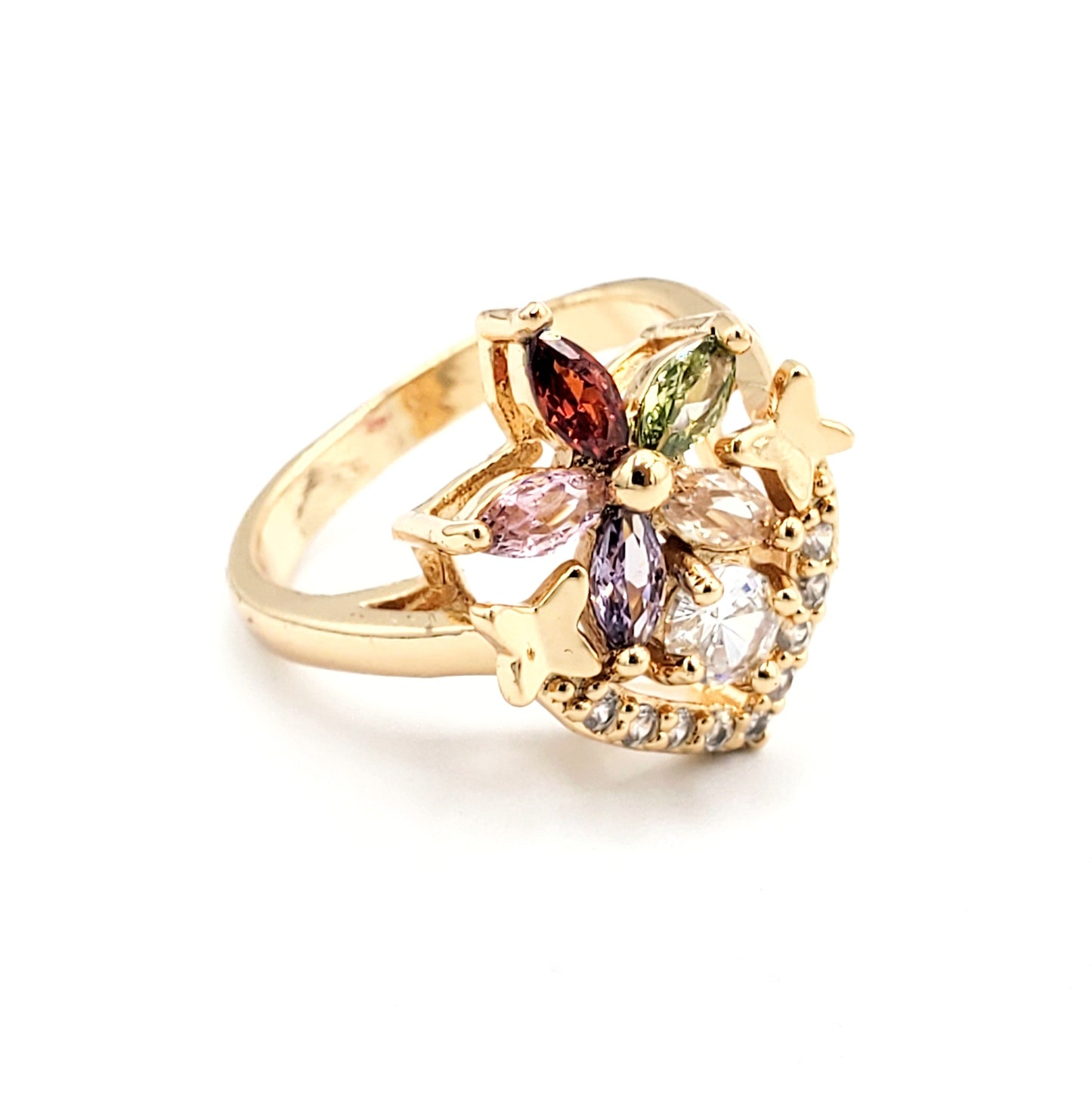 WR-275 Anillo de Mujer/Anillo de Mujer Flor Zirconia Multicolor y Mariposa 0.50"