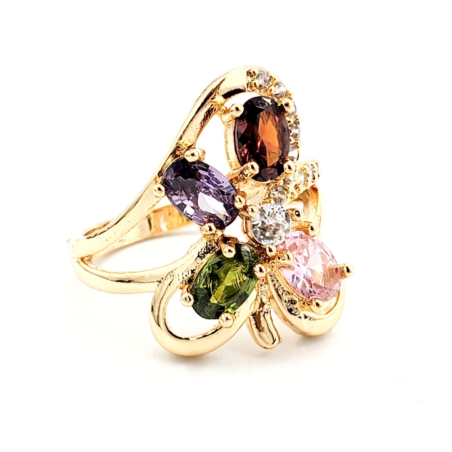 WR-290 Anillo de Mujer/Anillo de Mujer Flor Zirconia Multicolor y Blanca 0.75"