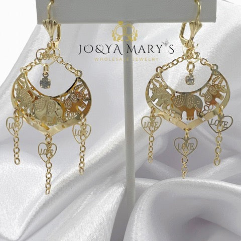ER-0009 Aretes con Elefantes, Corazones y Piedra Blanca creciendo