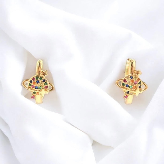 ER-420 Aretes Planeta con Piedras Multicolor/Aretes Planetas con Piedra Multicolor 14k