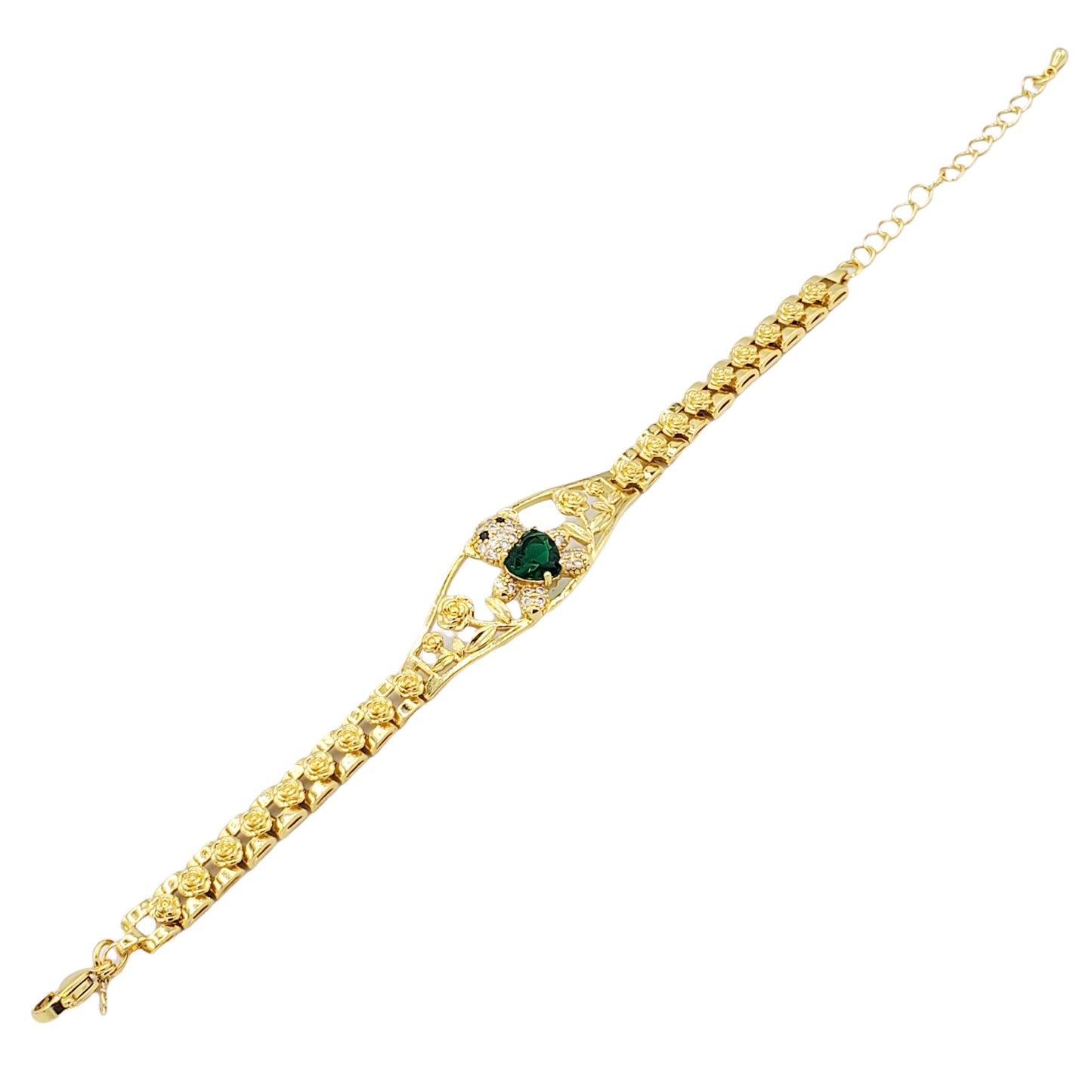BR-285 Bracelet/Pulsera Oso Corazón Zirconia Verde y Blanco 9"