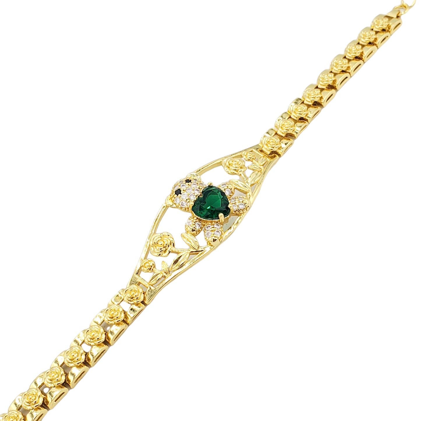 BR-285 Bracelet/Pulsera Oso Corazón Zirconia Verde y Blanco 9"