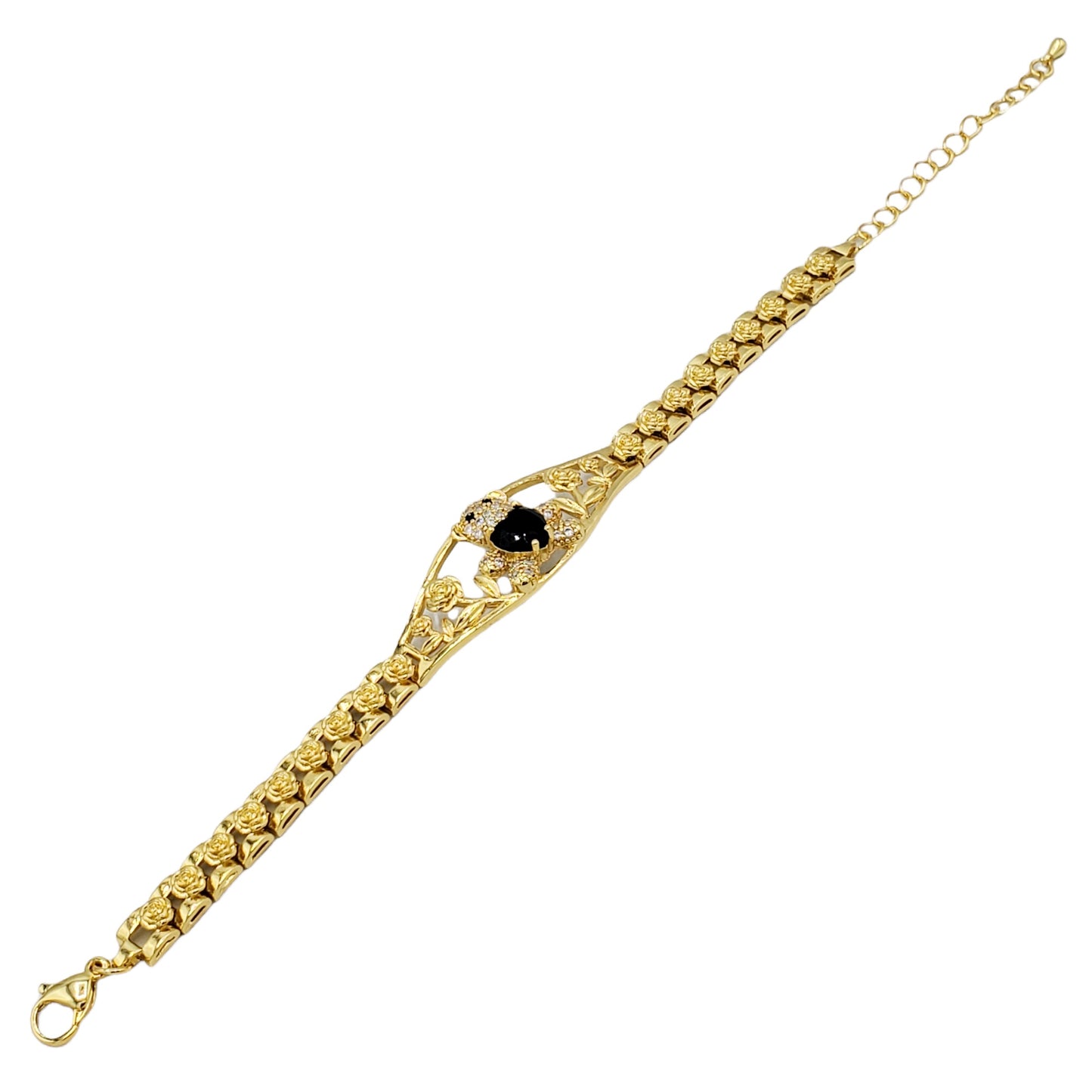 BR-284 Brazalete/Pulsera Oso Corazón Zirconia Negro y Blanco 9"