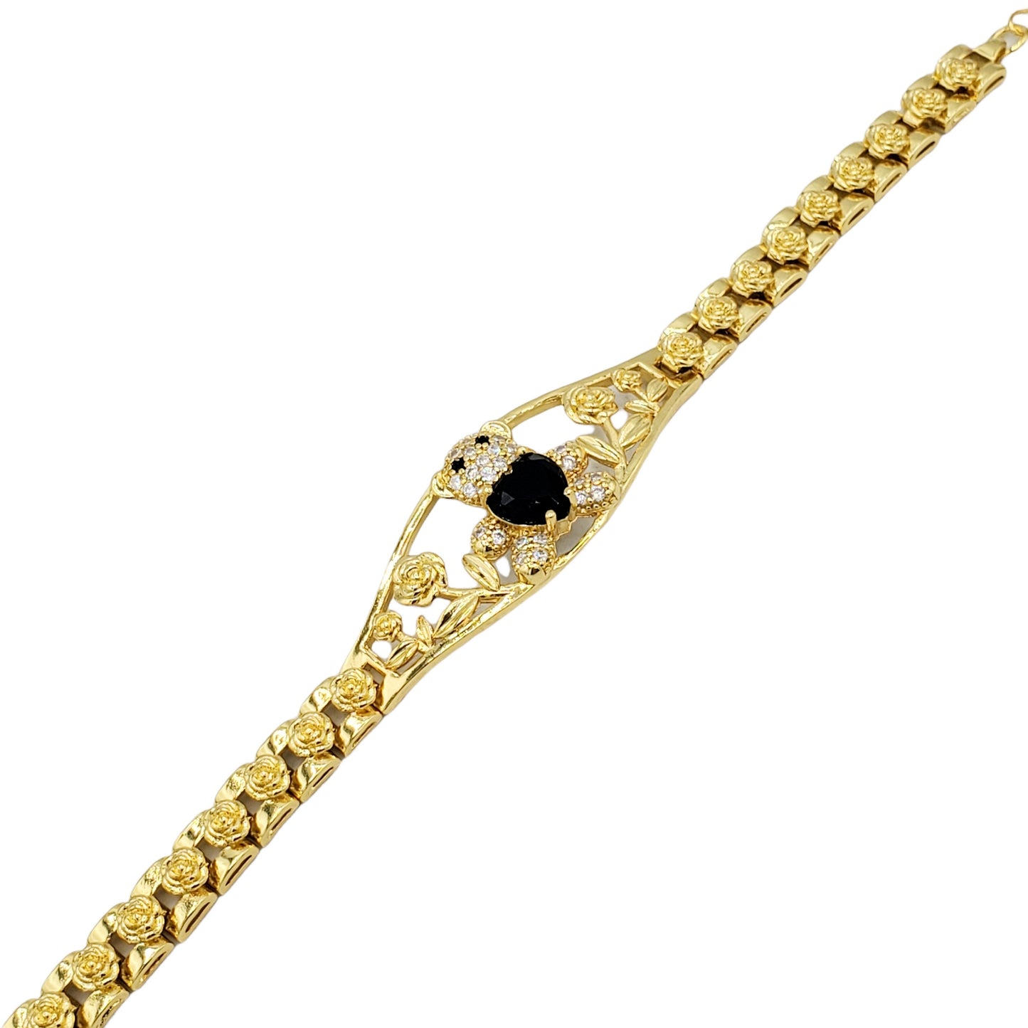 BR-284 Brazalete/Pulsera Oso Corazón Zirconia Negro y Blanco 9"