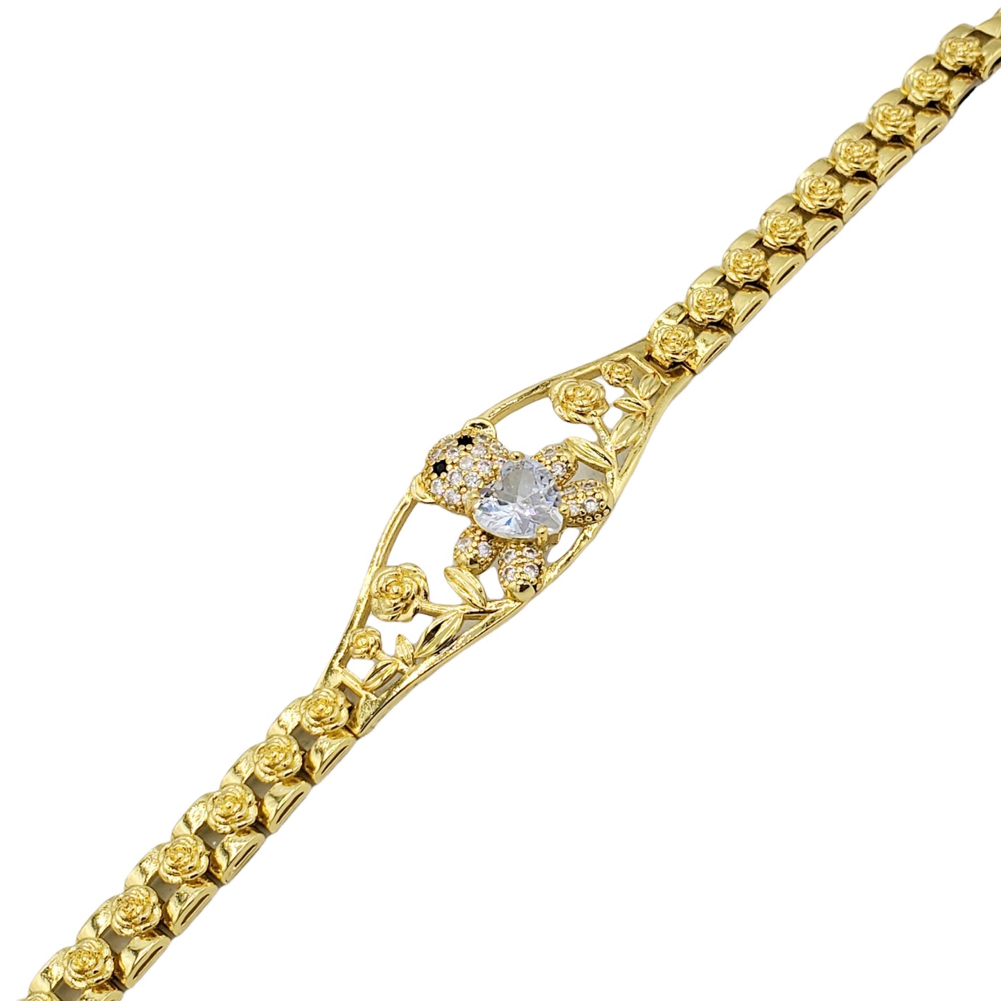 BR-286 Brazalete/Pulsera Oso Corazón Zirconia Blanca 9"
