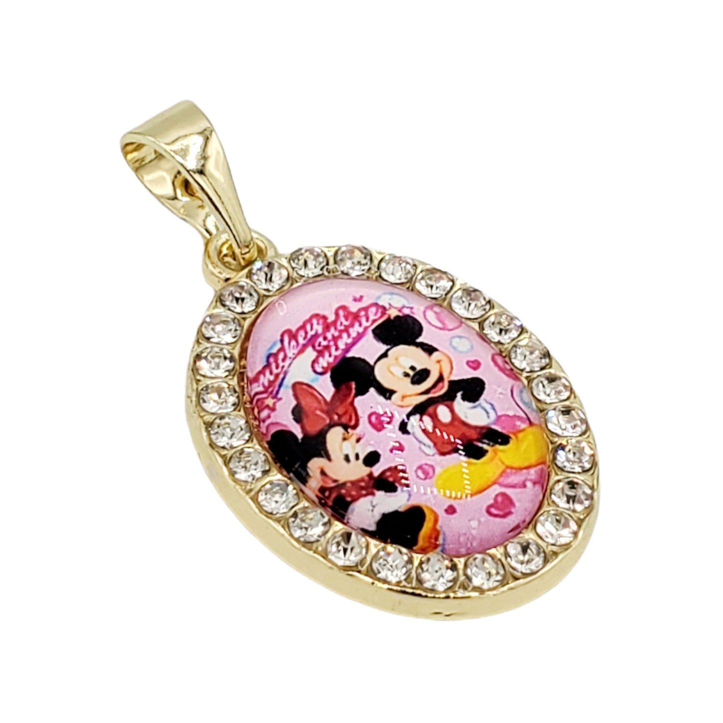 PN-0399 Dije Mickey y Minnie Zirconia Blanca 1.25" Incluye Cadena Mixta 18"-20"