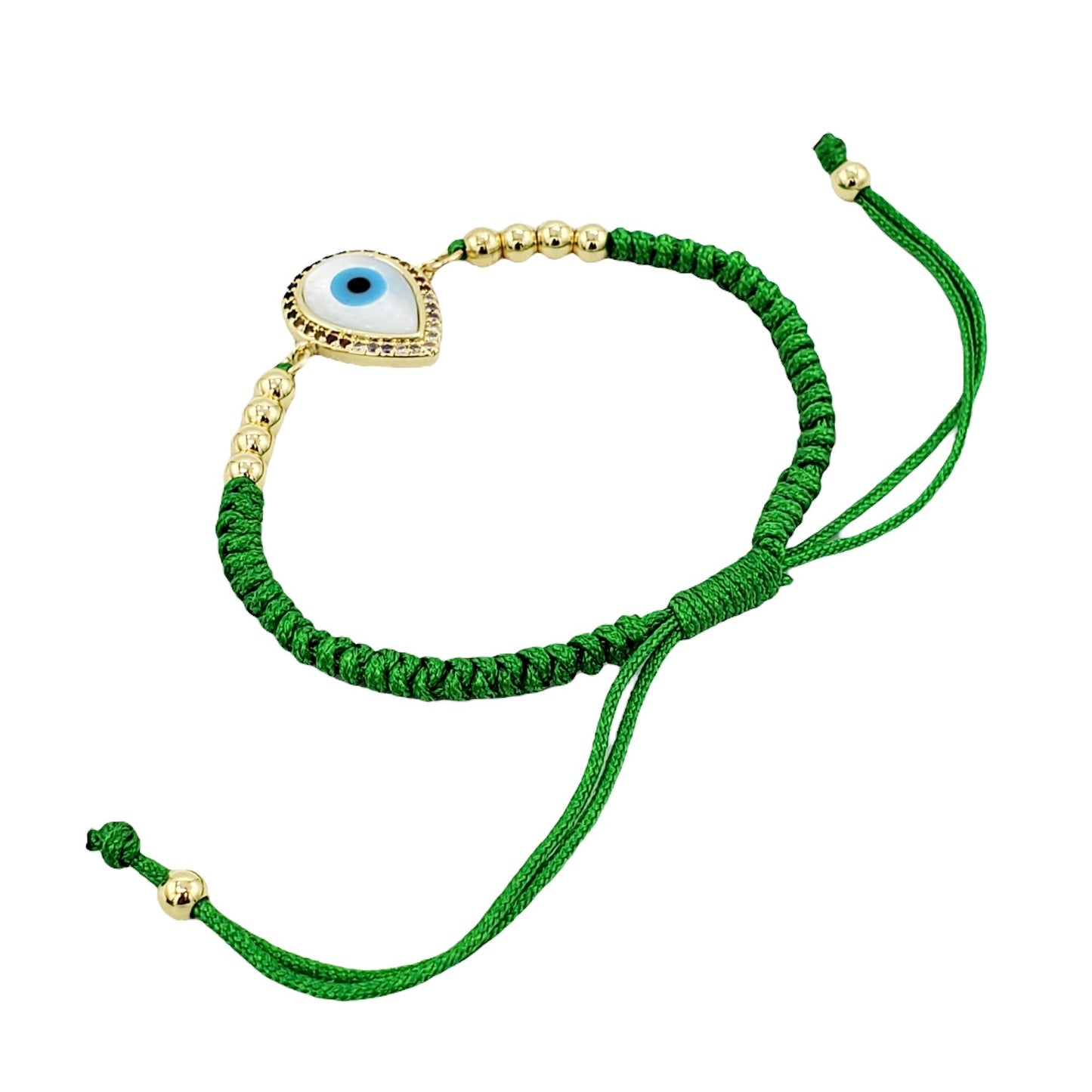 BA-235 Bracelet/Pulsera Ojo Turco Zirconia Blanca Hilo Verde