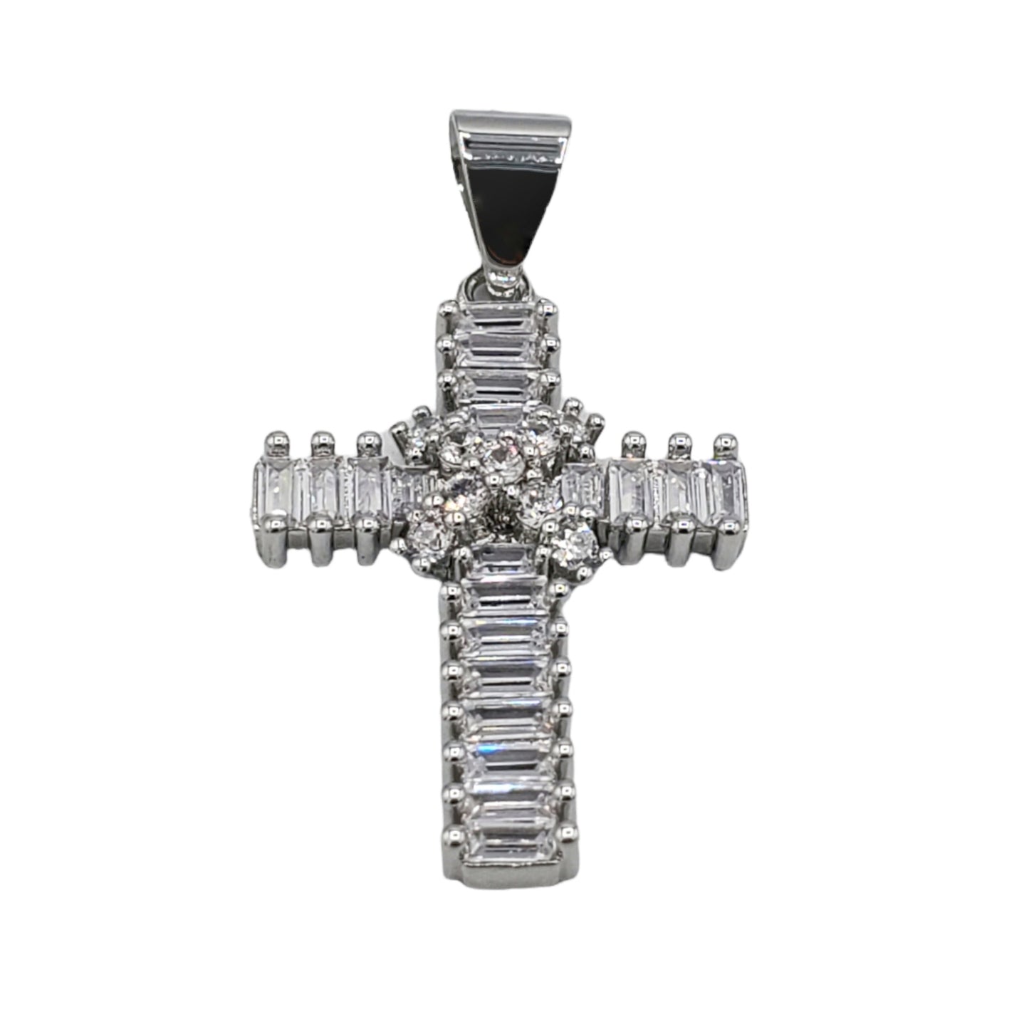 PN-0444 Dije Plateado Cruz Zirconia Blanca 1.75"