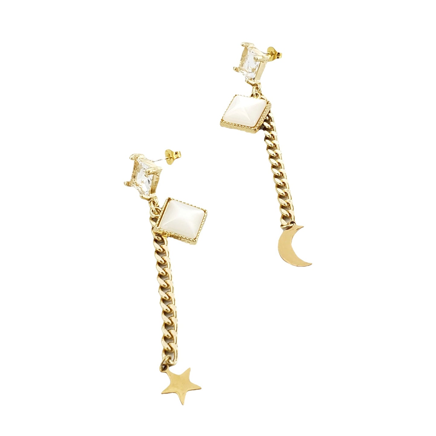 STS-30 Stainless Steel Earrings/Aretes Luna y Estrella Zirconia Blanca 4"