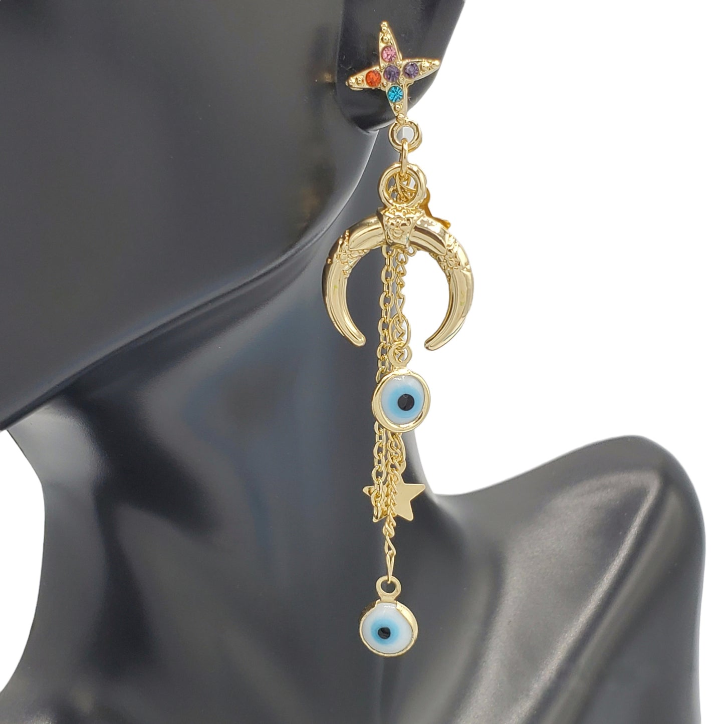 STS-40 Stainless Steel Earrings/Aretes Estrella Multicolor y Ojo Turco 2.50"